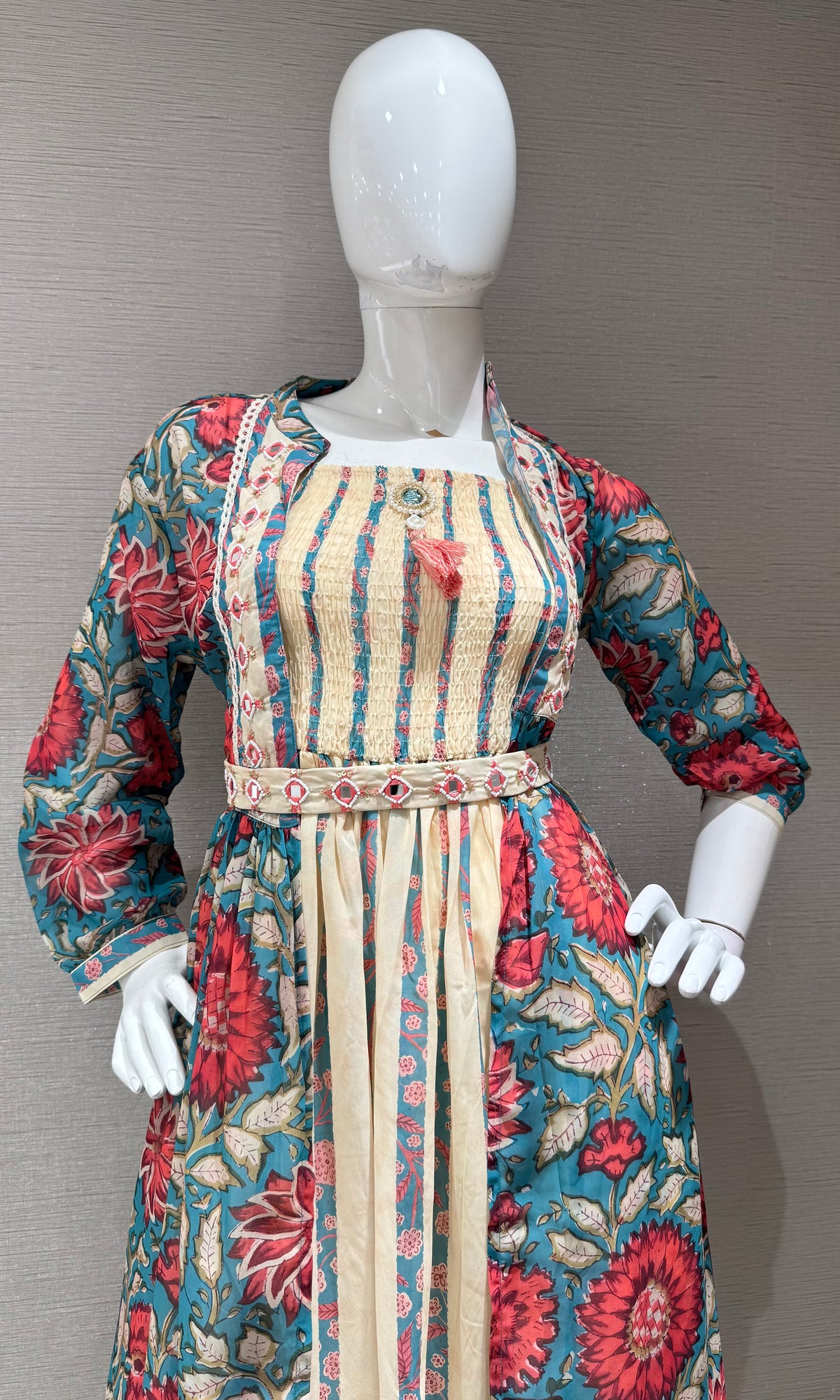 Teal Blue & Red Floral Dress with Striped Front Panel