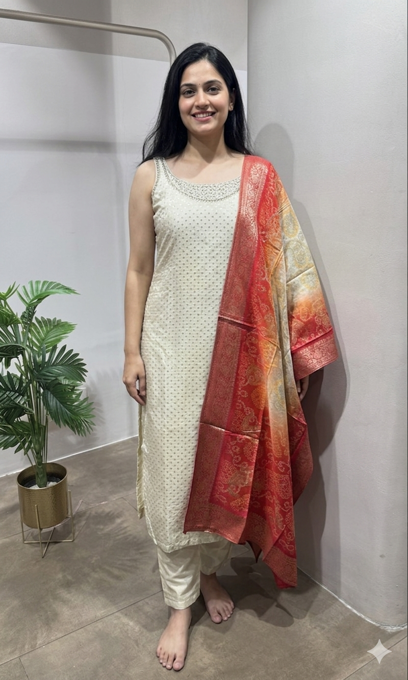 Cream embroidered kurta set with dupatta