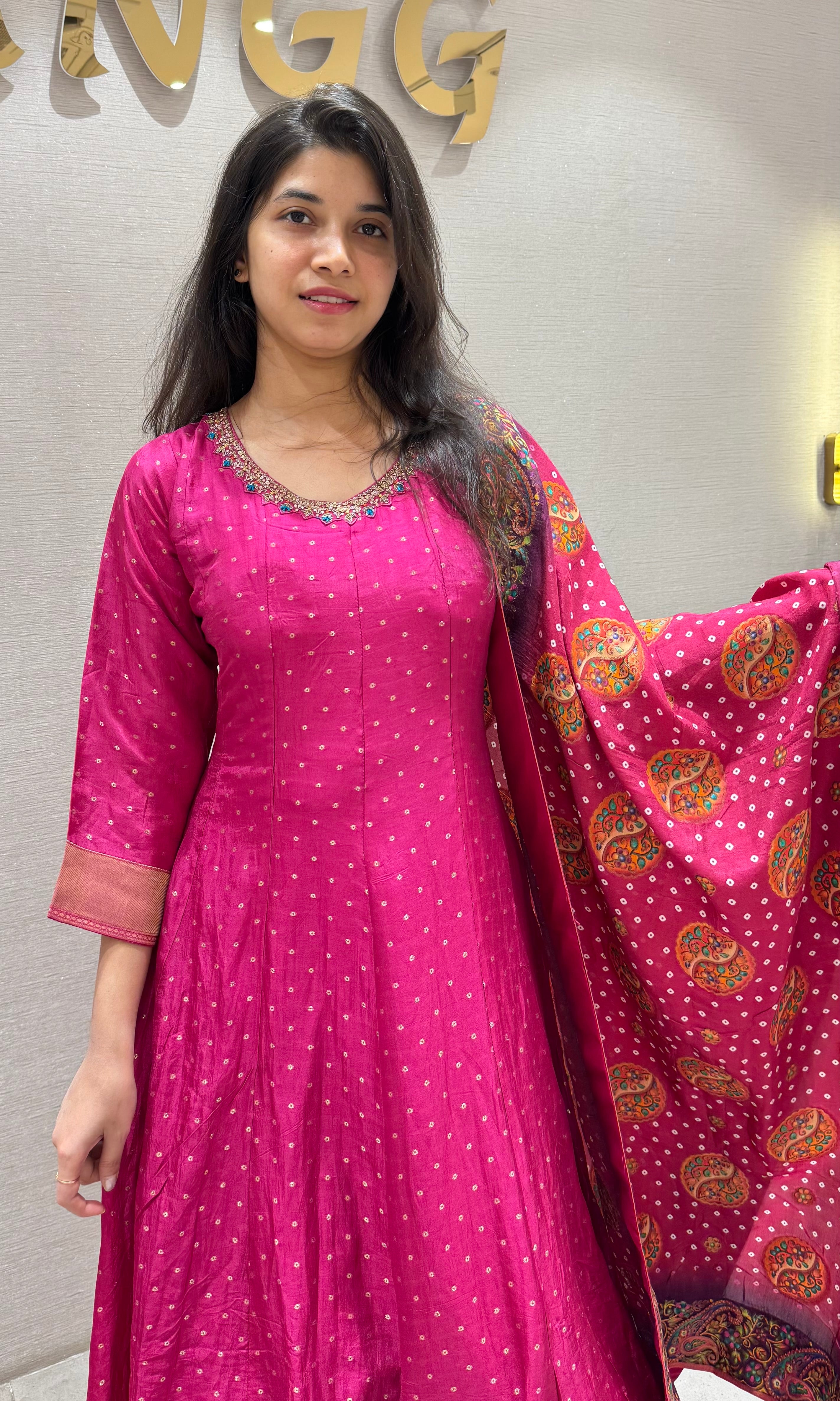 Pink ANARKALI SET WITH PRINTED DUPATTA
