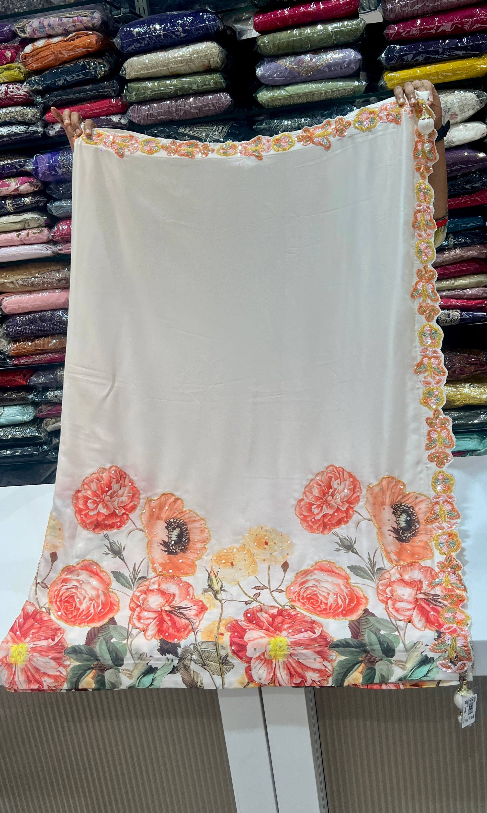 White Floral Print Saree with Sequin ready Blouse