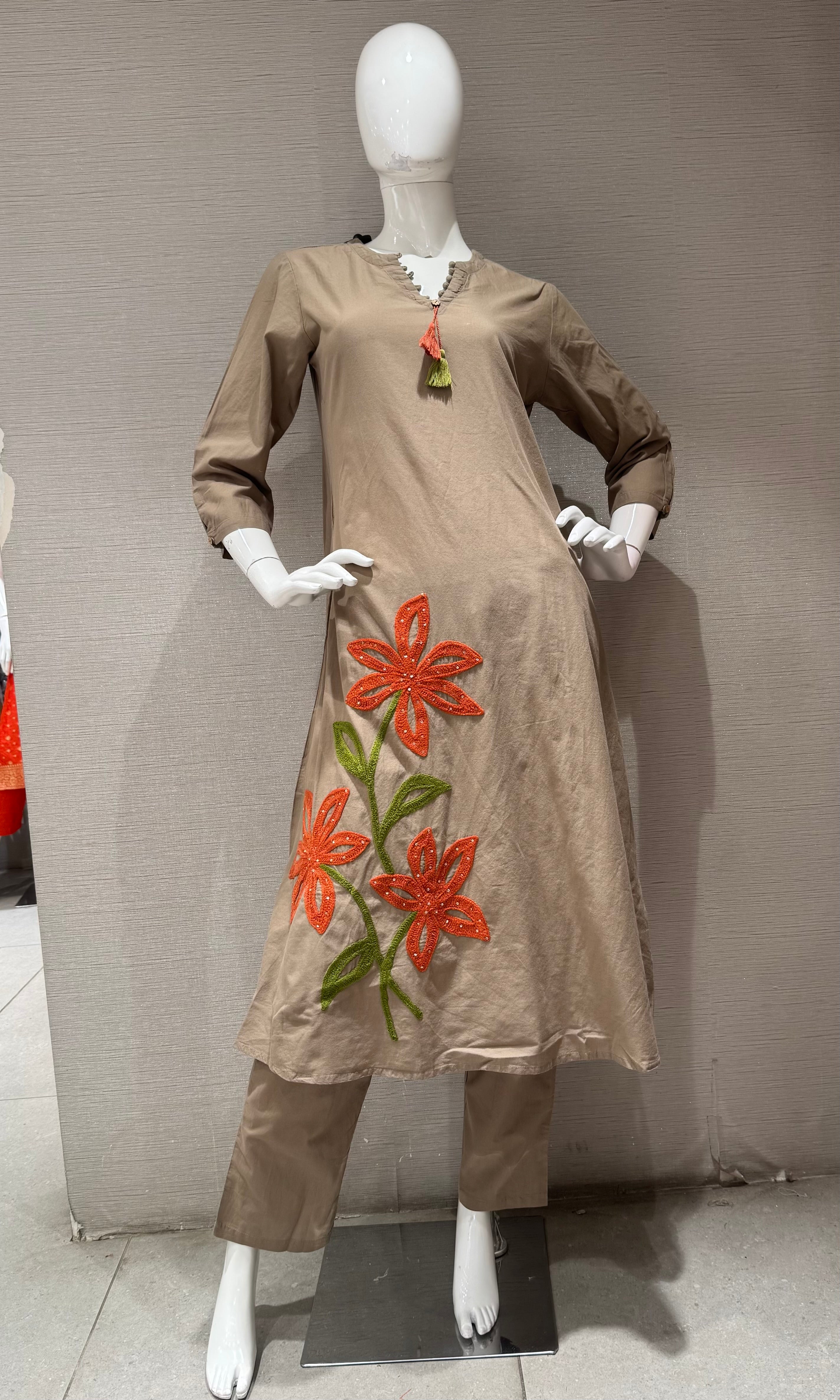Brown Kurta Set with orange floral embroidery