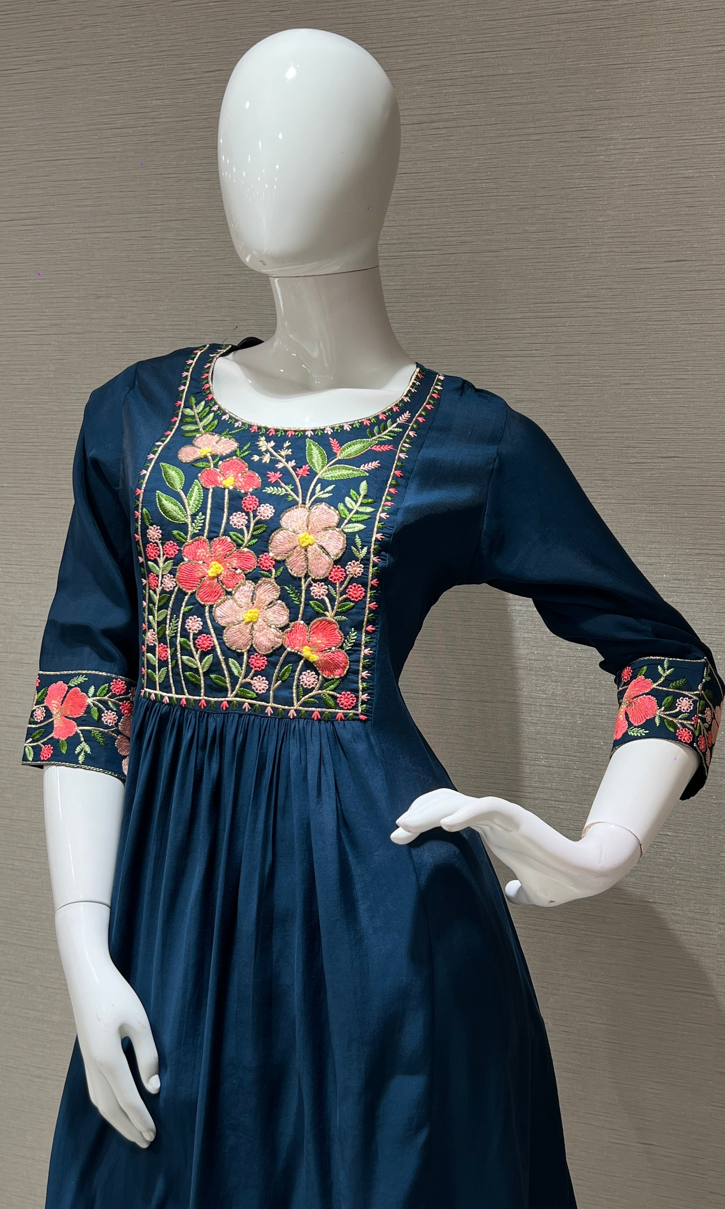 Blue Floral Embroidery Mul Chanderi kurta set