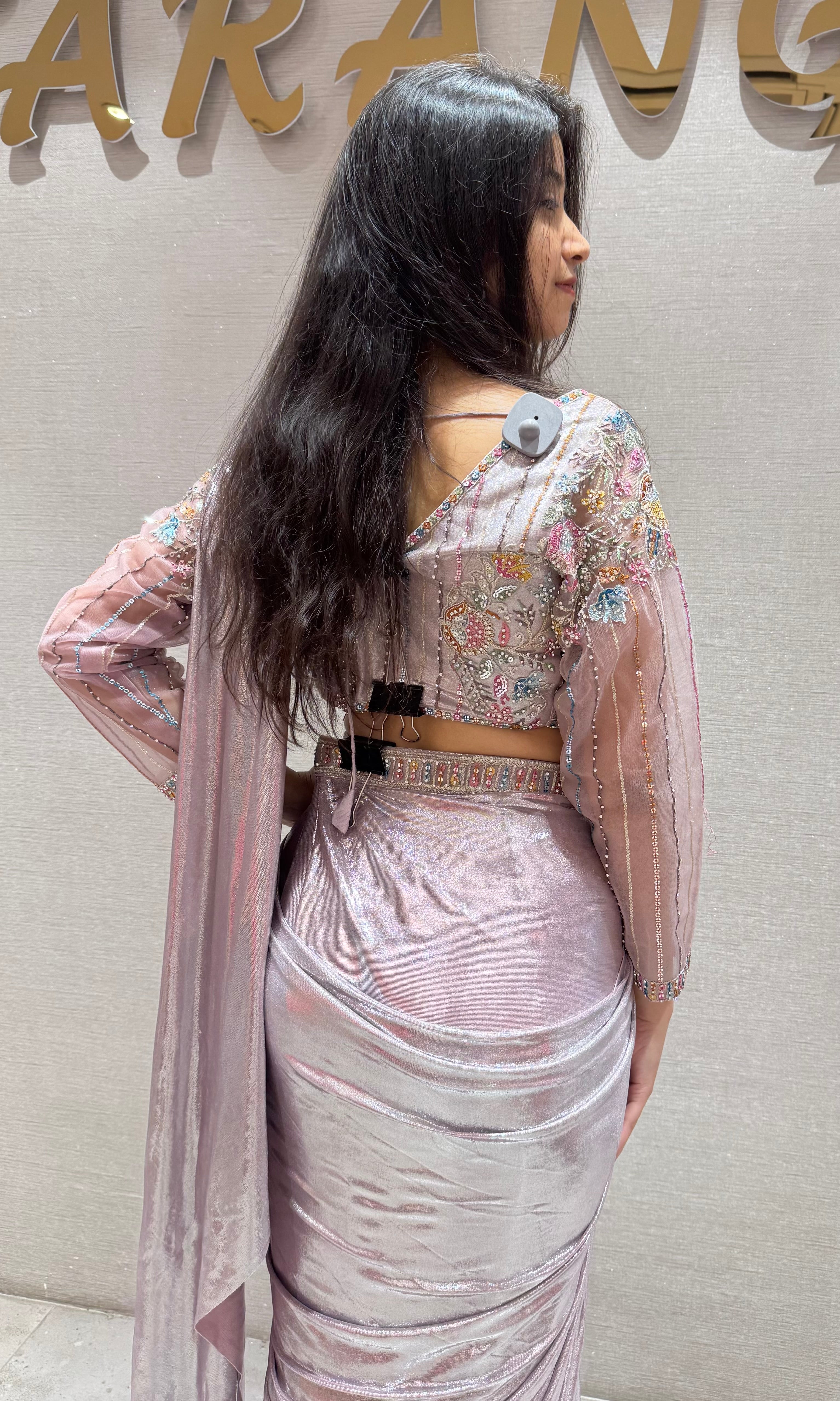 Peach Pre-Draped Metallic Shimmer Saree