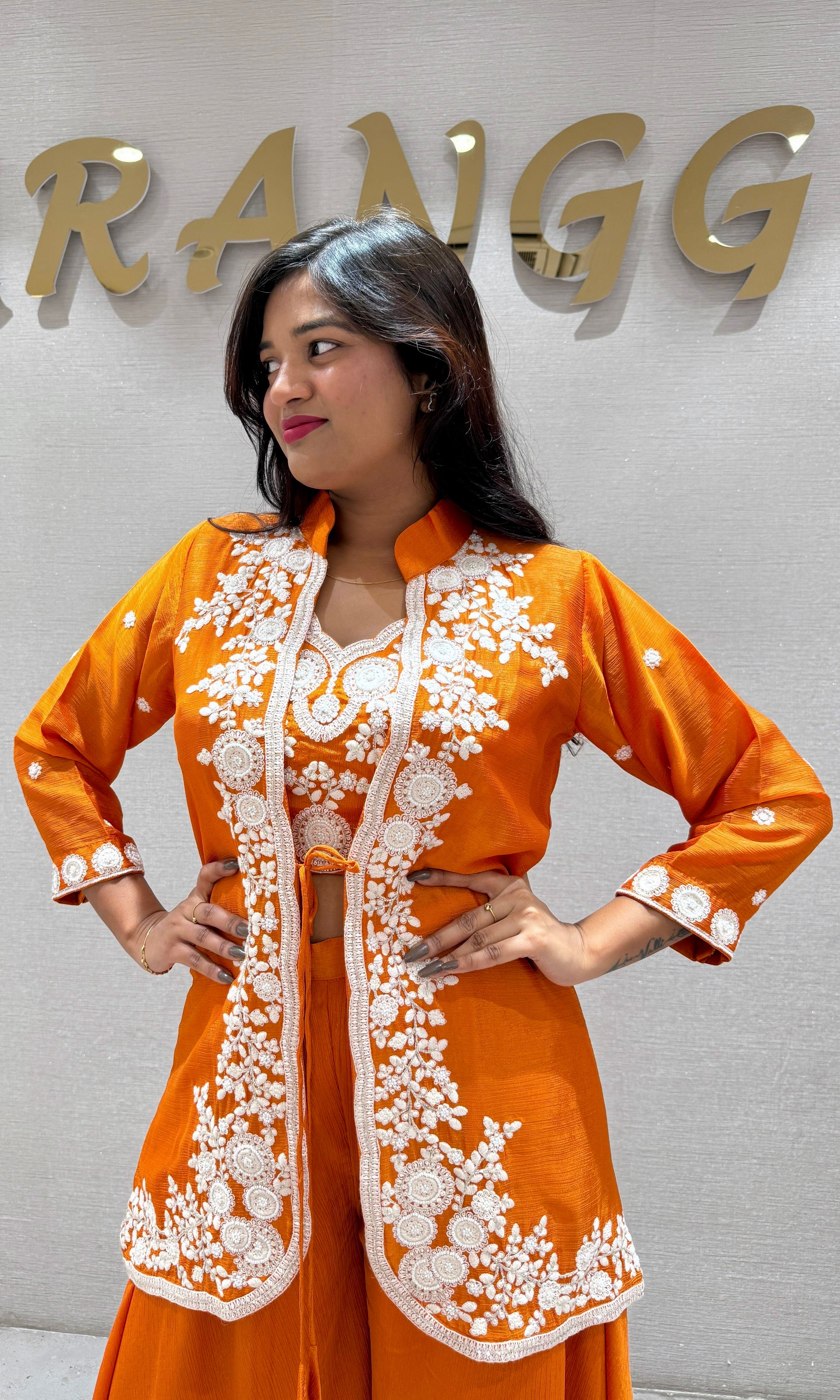 Orange Embroidered Jacket Palazzo set