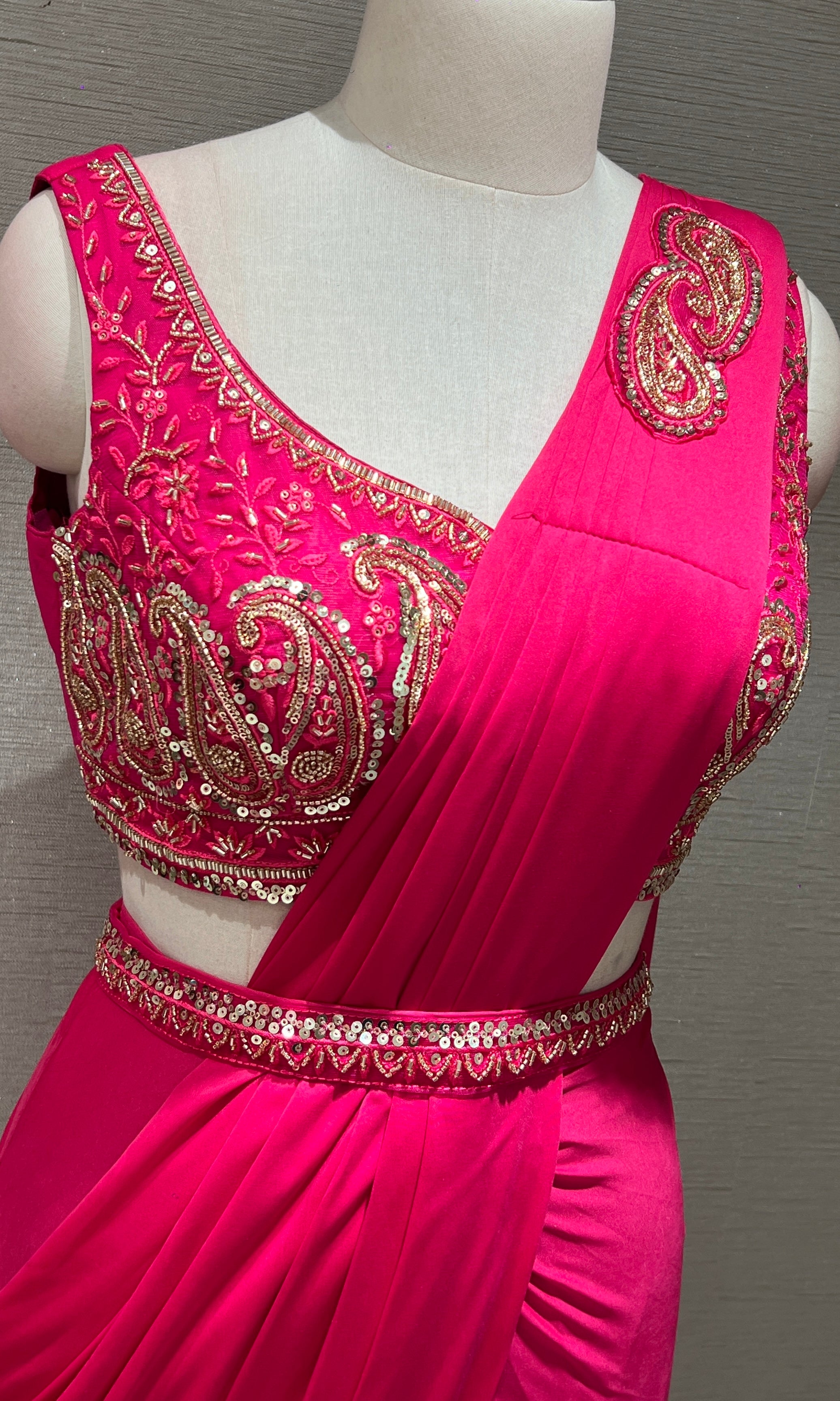 PINK Embellished Drape Saree WITH BLOUSE & BELT