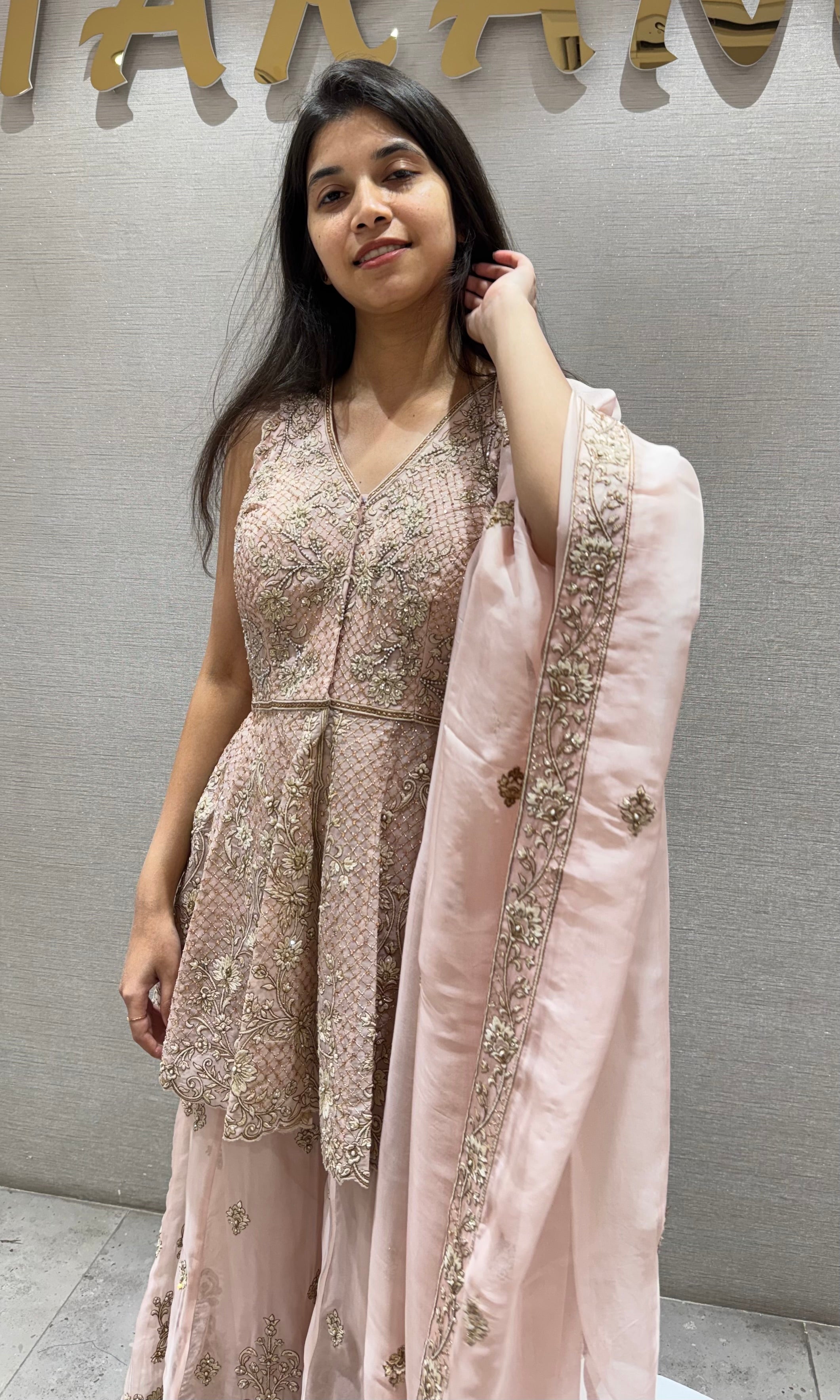 PEACH Embroidered Peplum PALAZZO Set