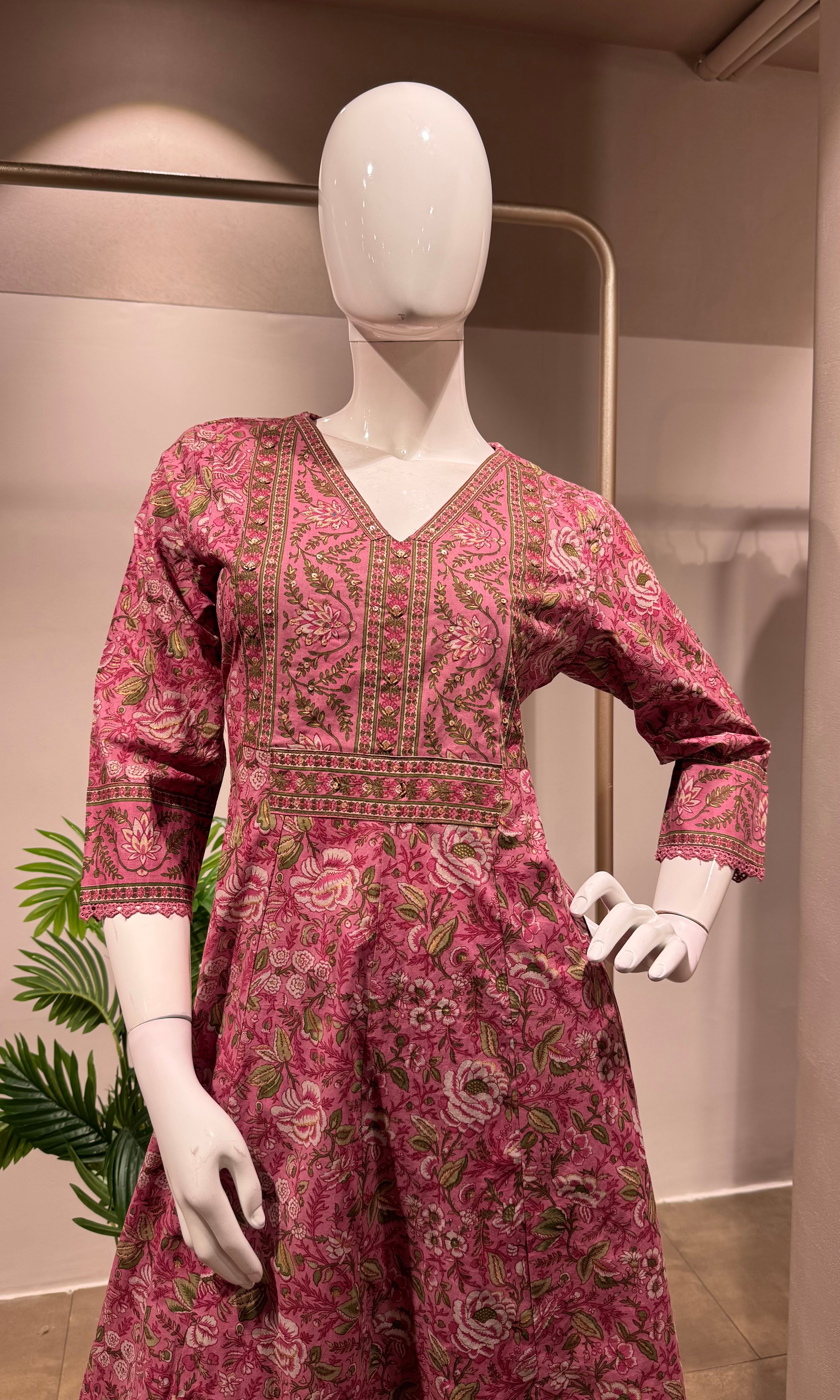 PINK Printed Pure Cotton Anarkali Kurta Set