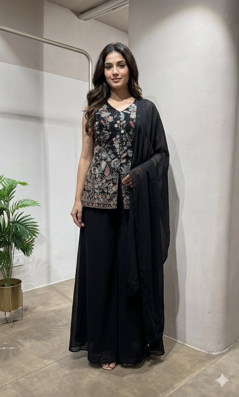 Black Embroidered Festive Sharara Set