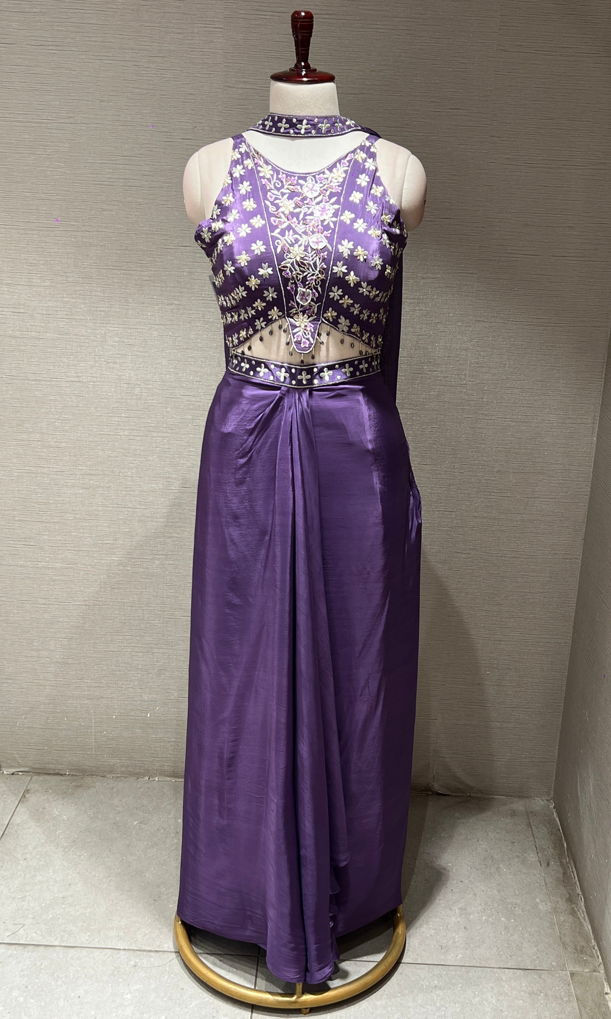 Purple draped halter neck indo western wear