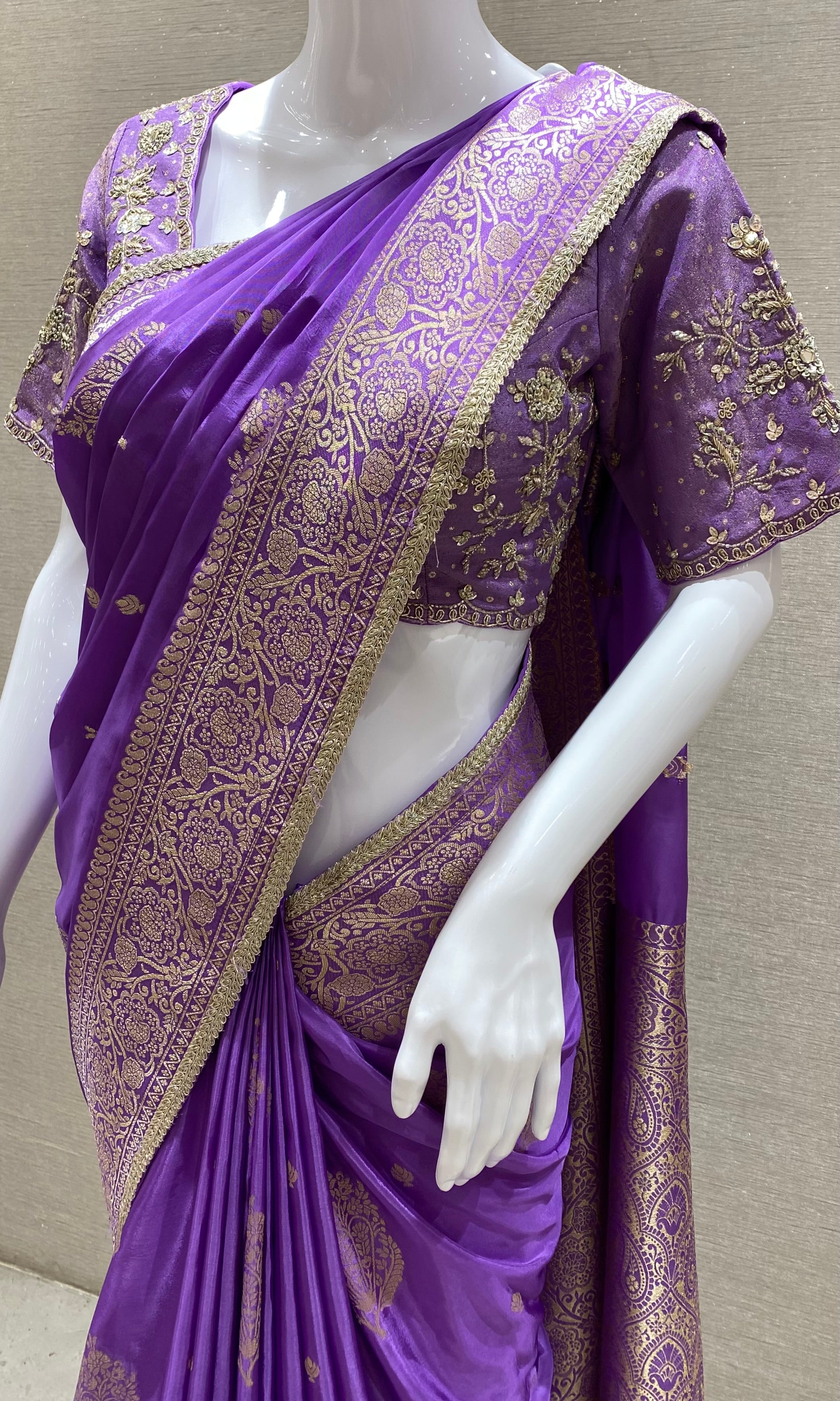 Lavender banarasi saree with ready blouse