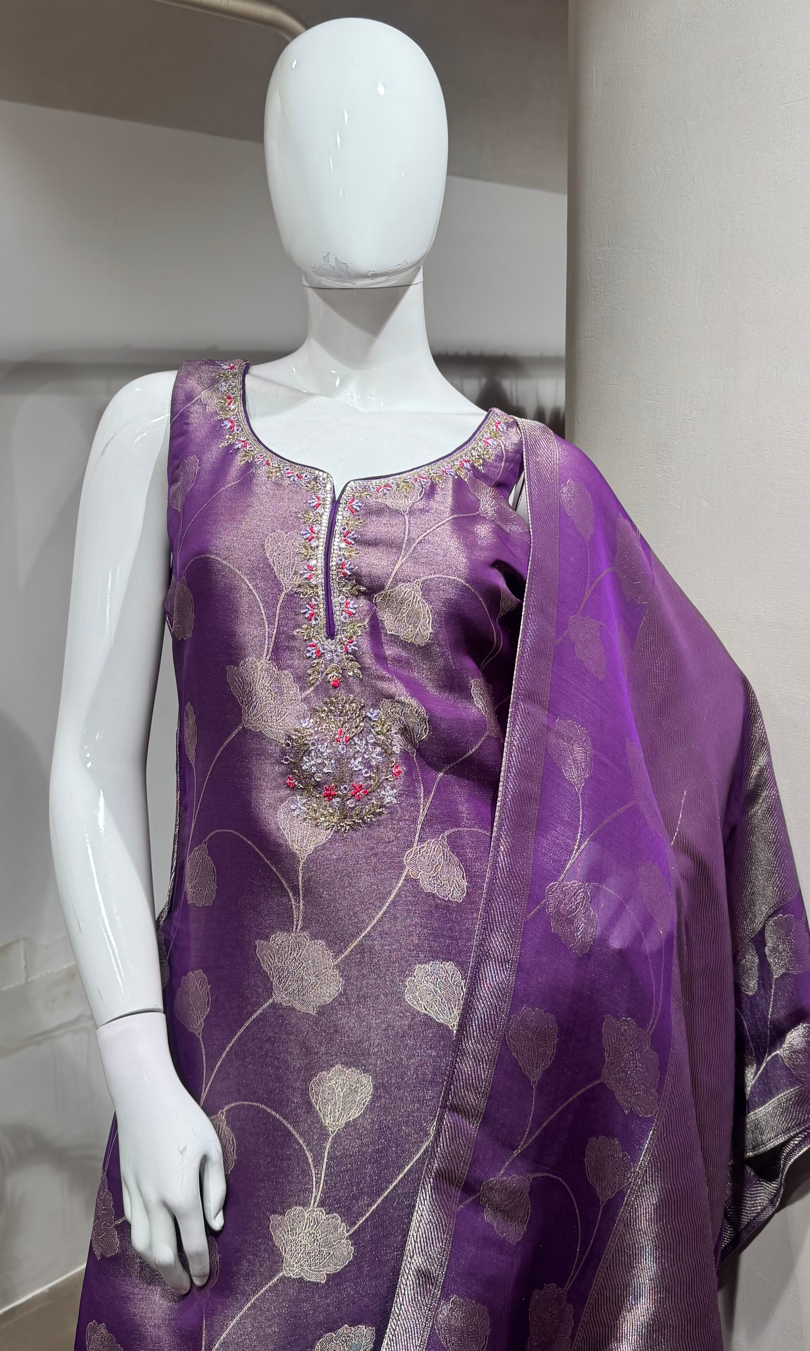 purple and gold Banarasi ethnic kurta set