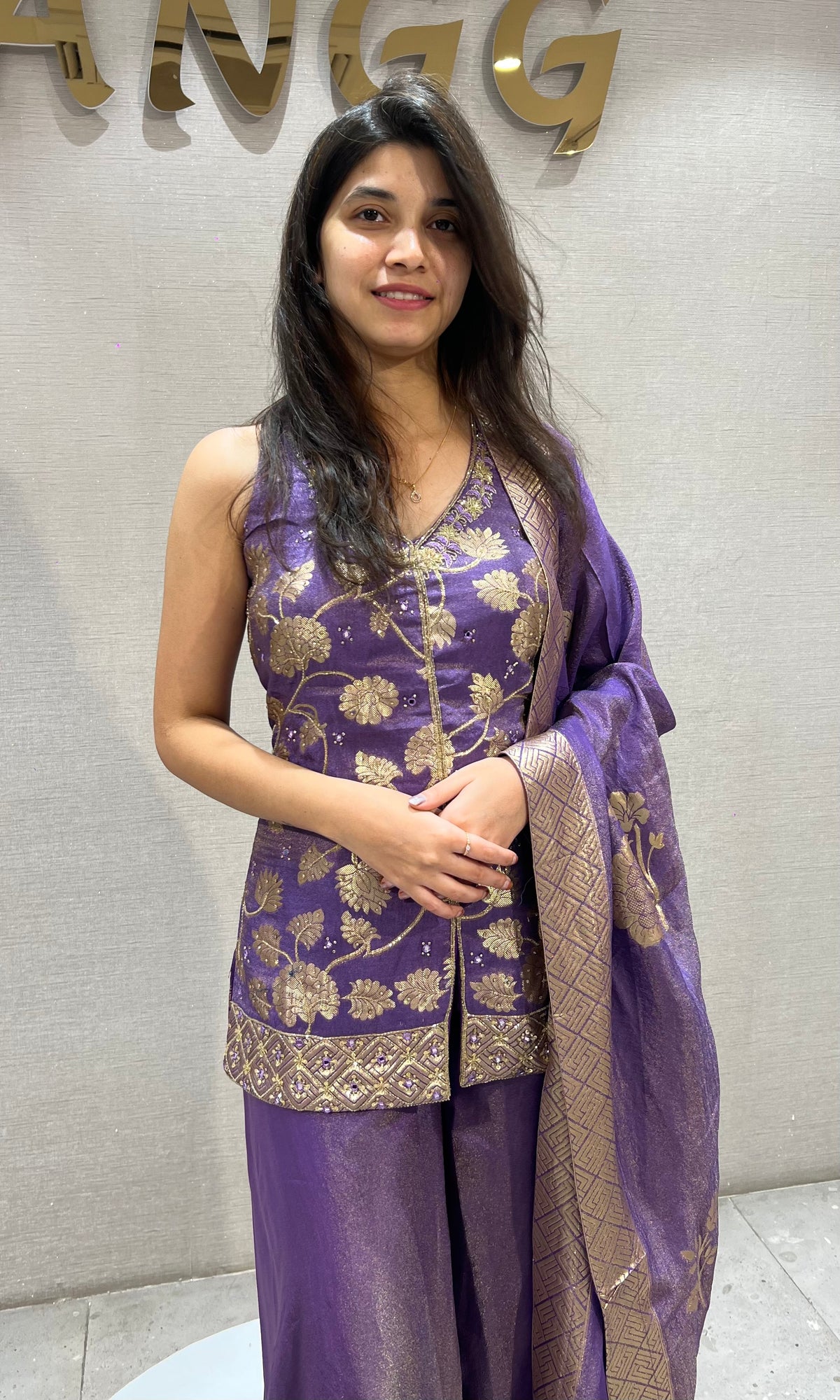Purple tissue silk Embroidered Peplum Palazzo set