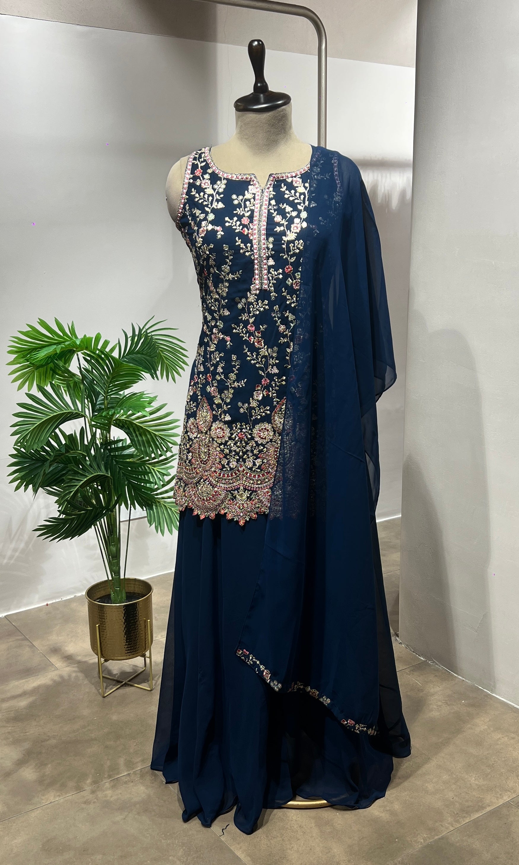 Blue Sequin & Zari Embroidered Sharara Suit