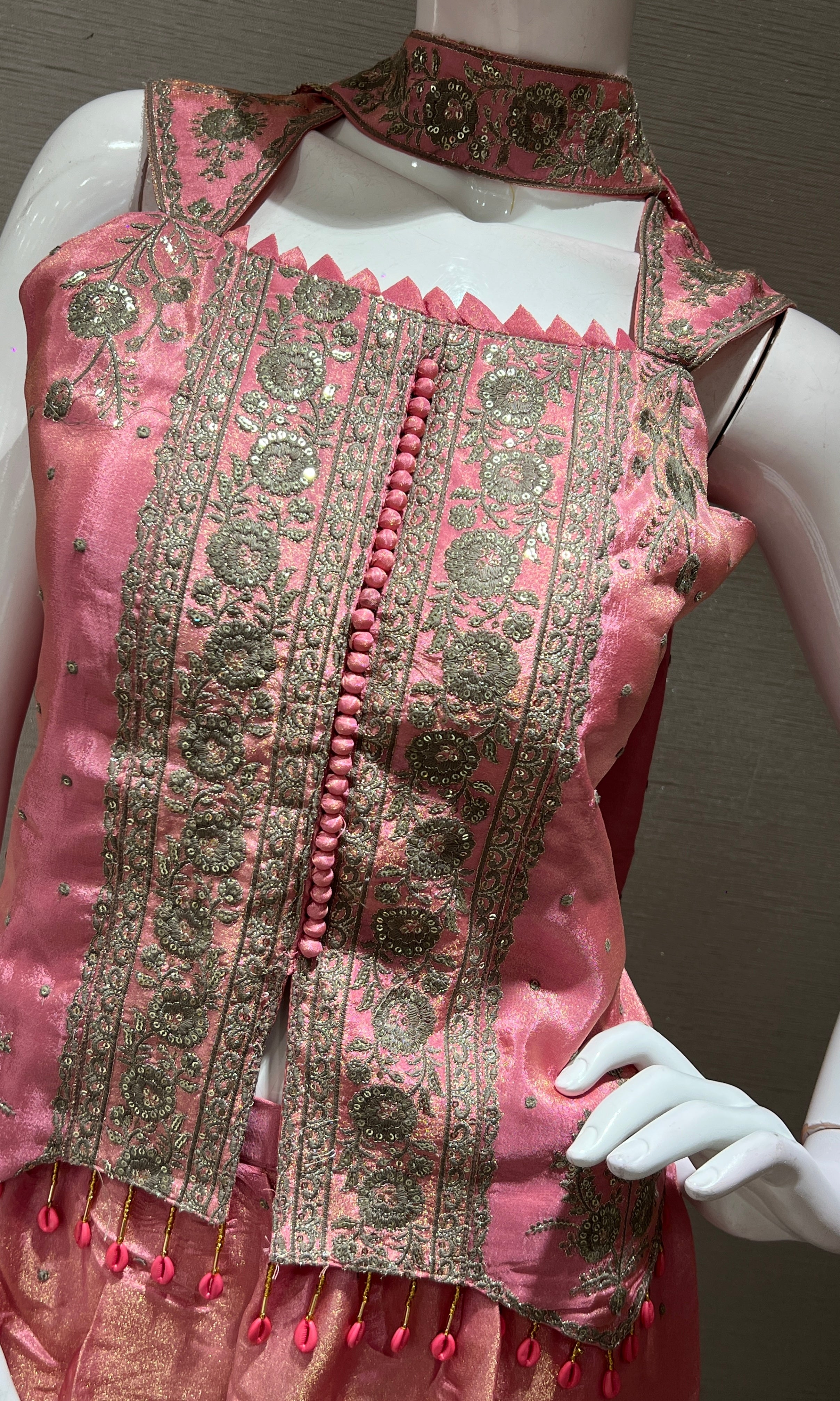 Pink shimmer tissue short blouse Palazzo set