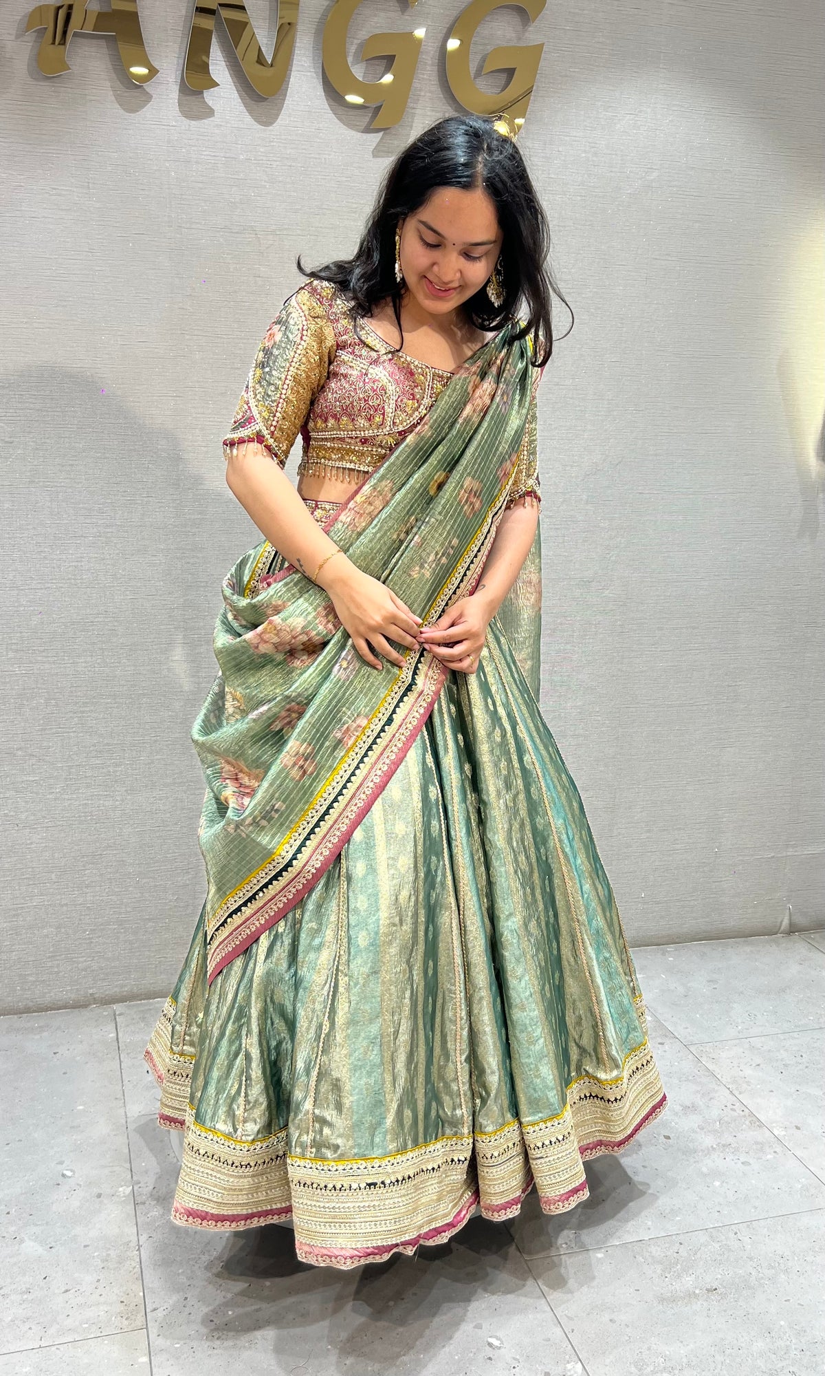 Sage Green raw silk Lehenga Set with Golden Zari Motifs