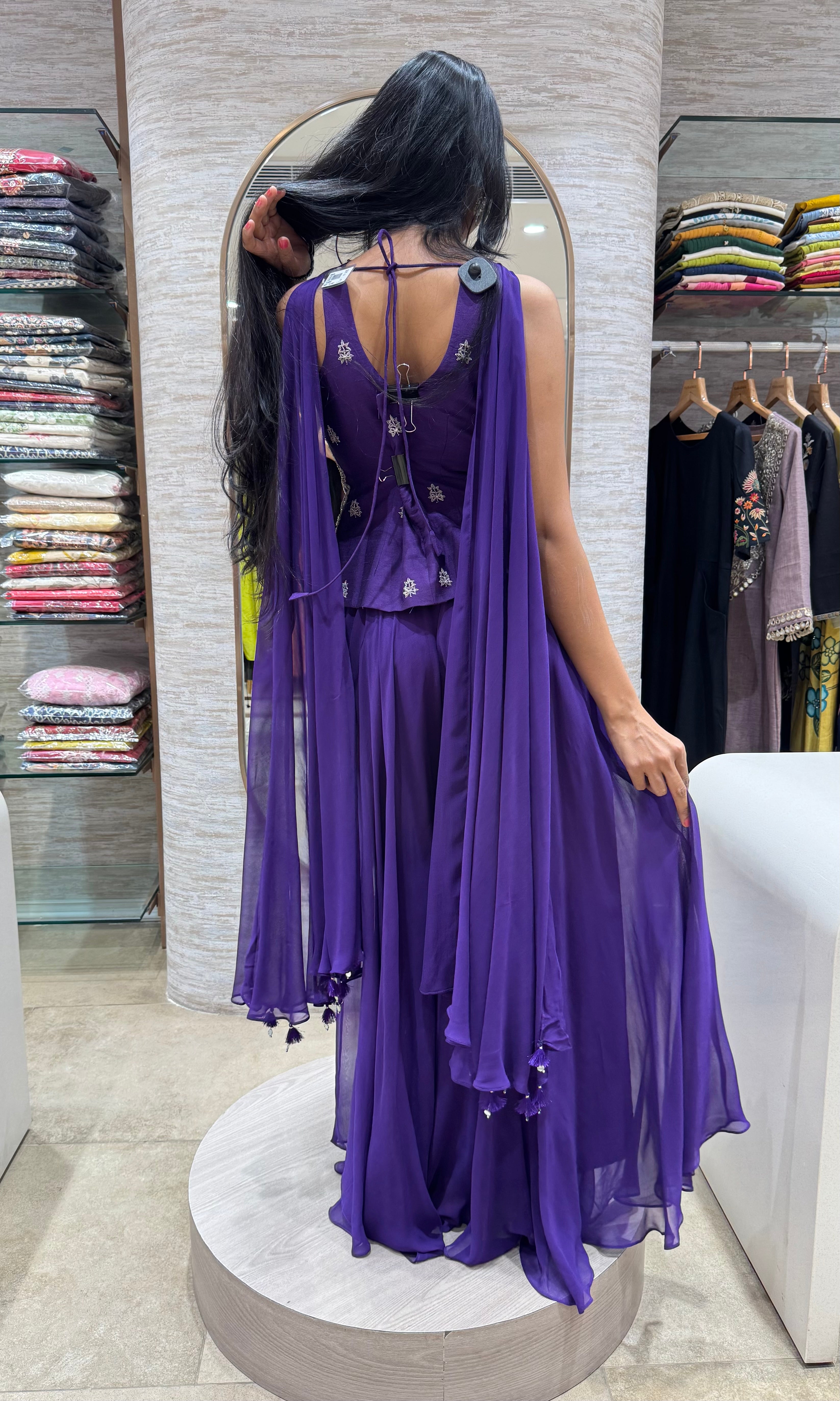PURPLE EMBROIDERED PEPLUM PALAZZO