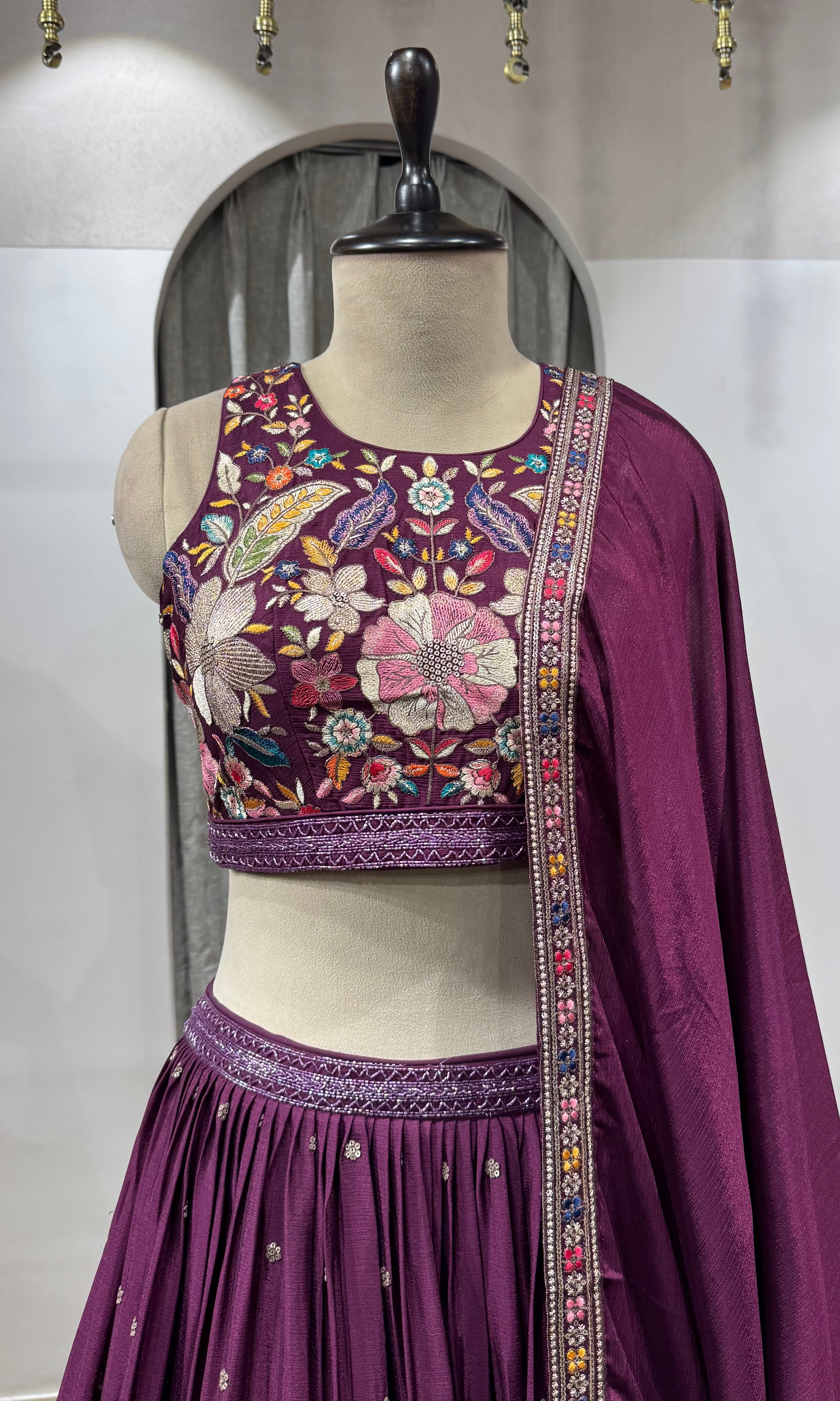 WINE FLORAL EMBROIDERED LEHENGA SET