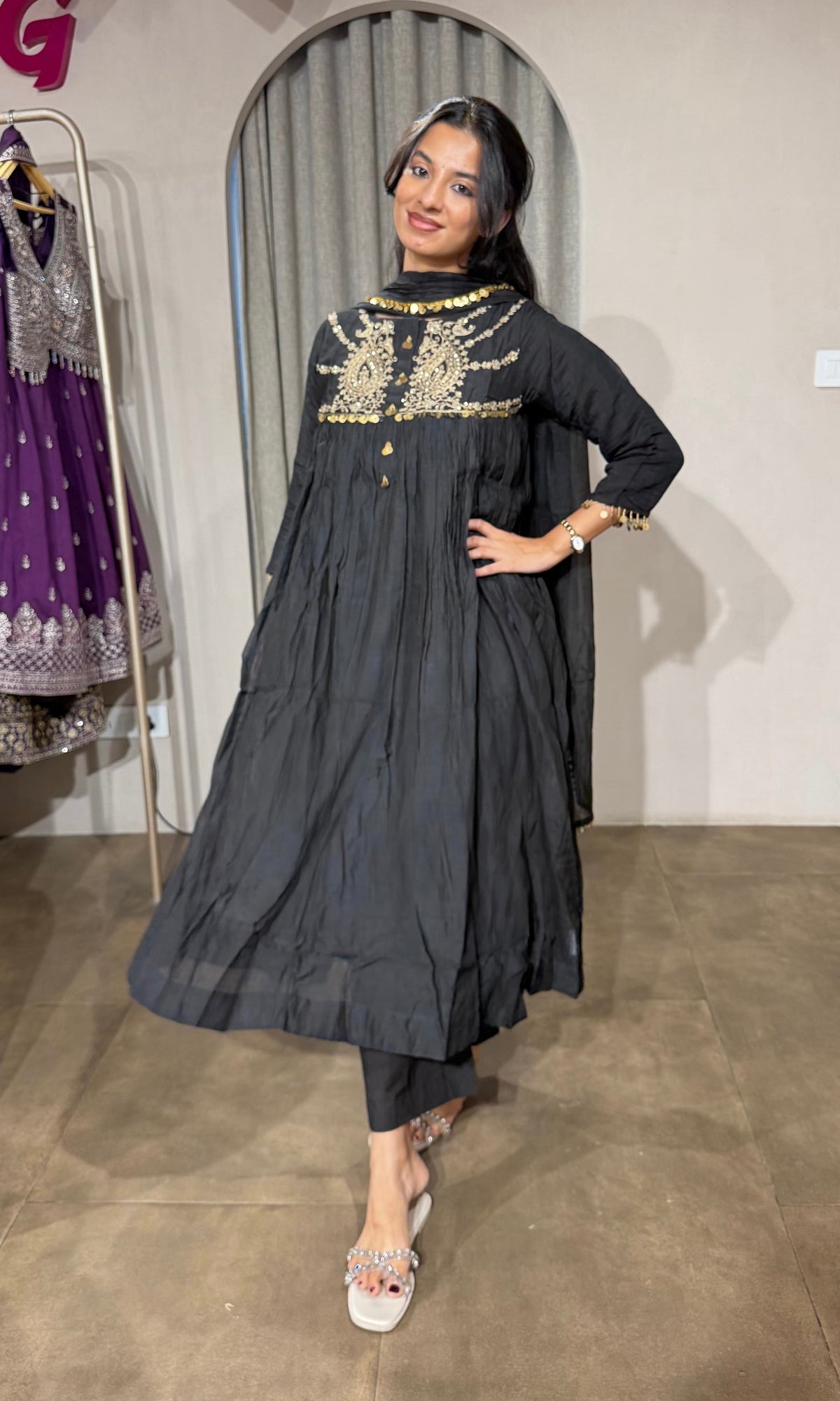 BLACK MUL CHANDERI KURTA SET WITH DUPATTA