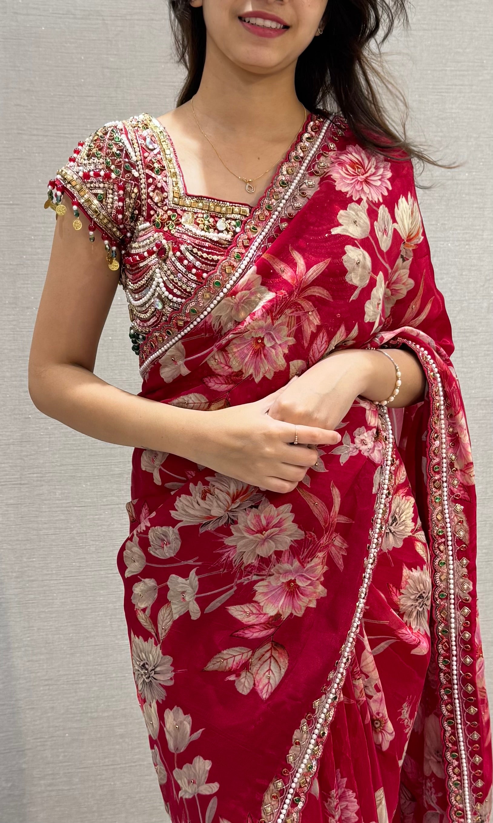 Rani Pink Crimson Bloom Georgette Saree