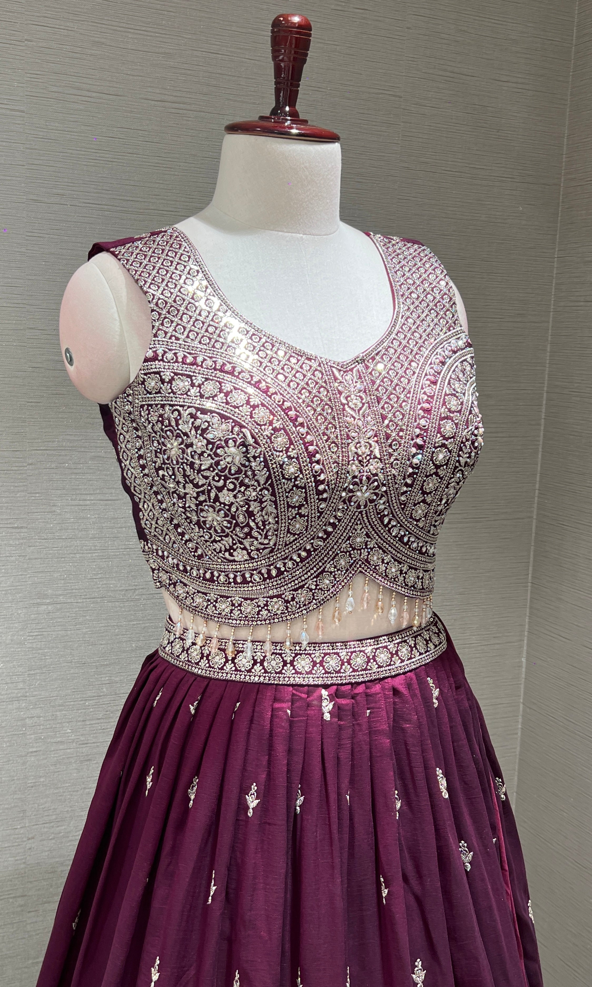 Wine Heavy Mirror Embroidered Lehenga
