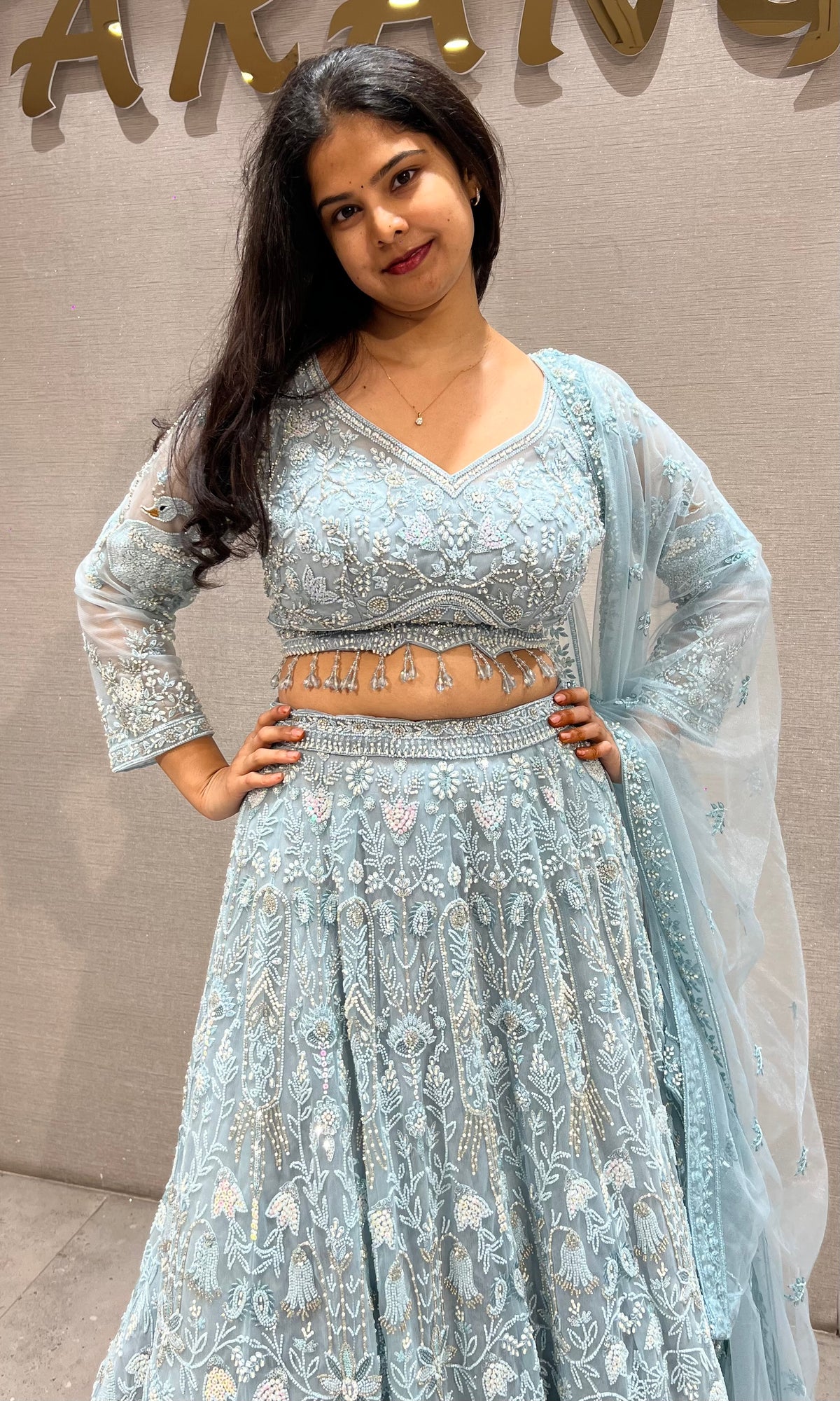 Powder Blue Floral silk Embroidered Bridal Lehenga set with dupatta