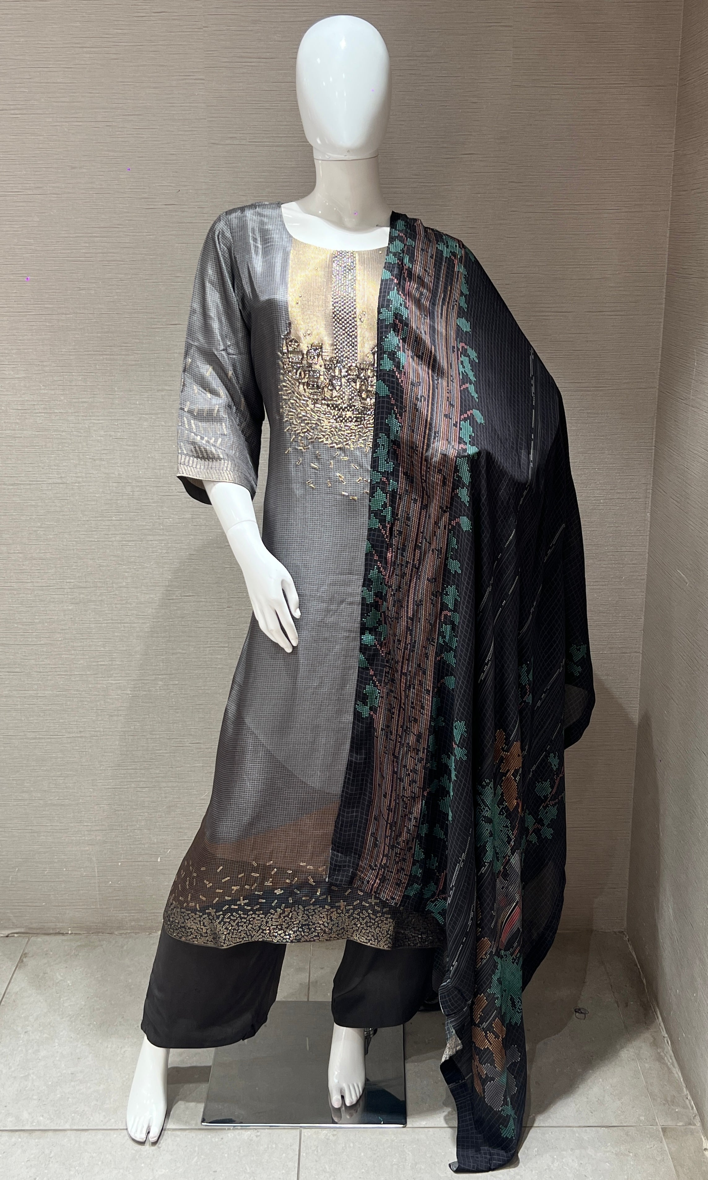 Grey Gold Embroidered Ensemble kurta set