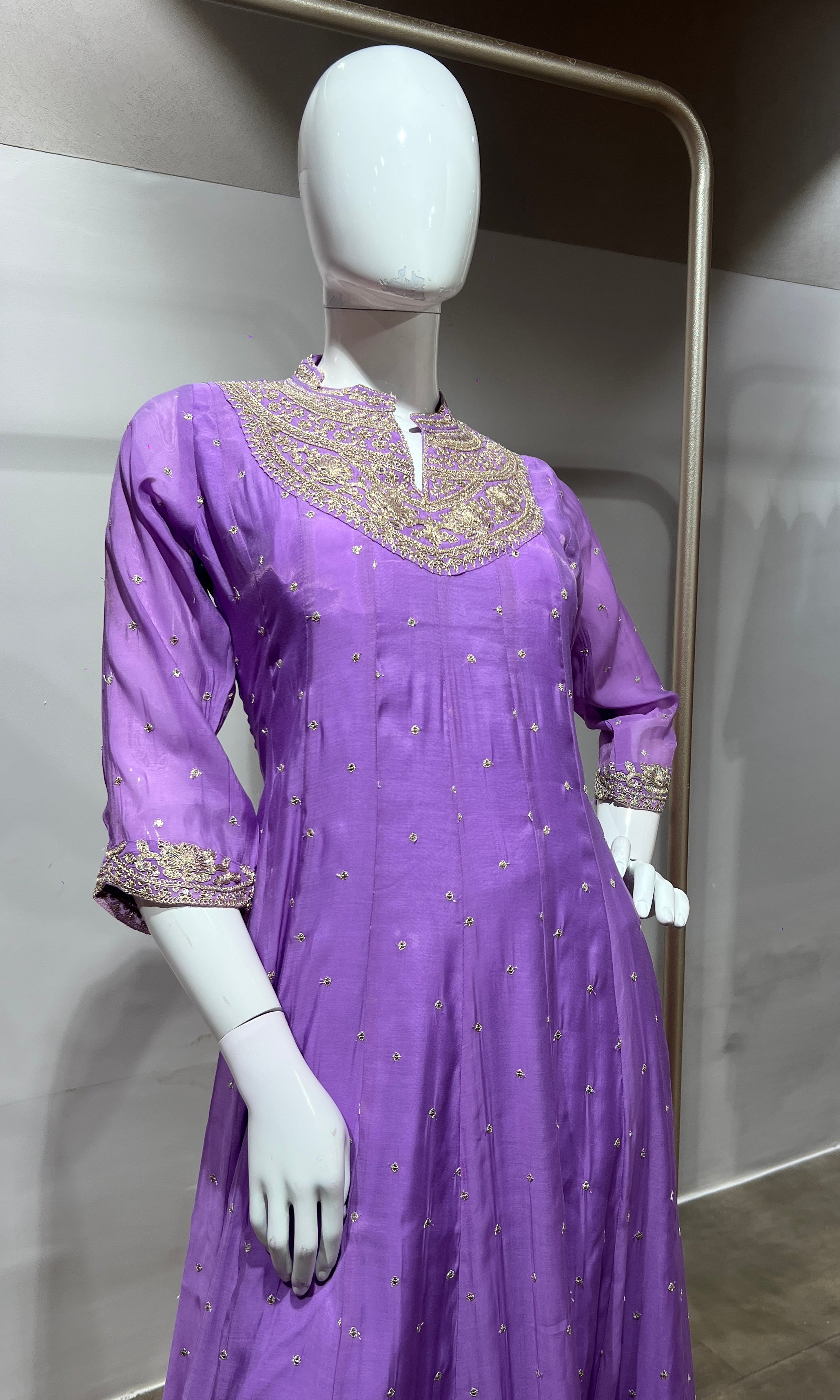 Lavender Silk Anarkali Suit Set with Scallop Dupatta