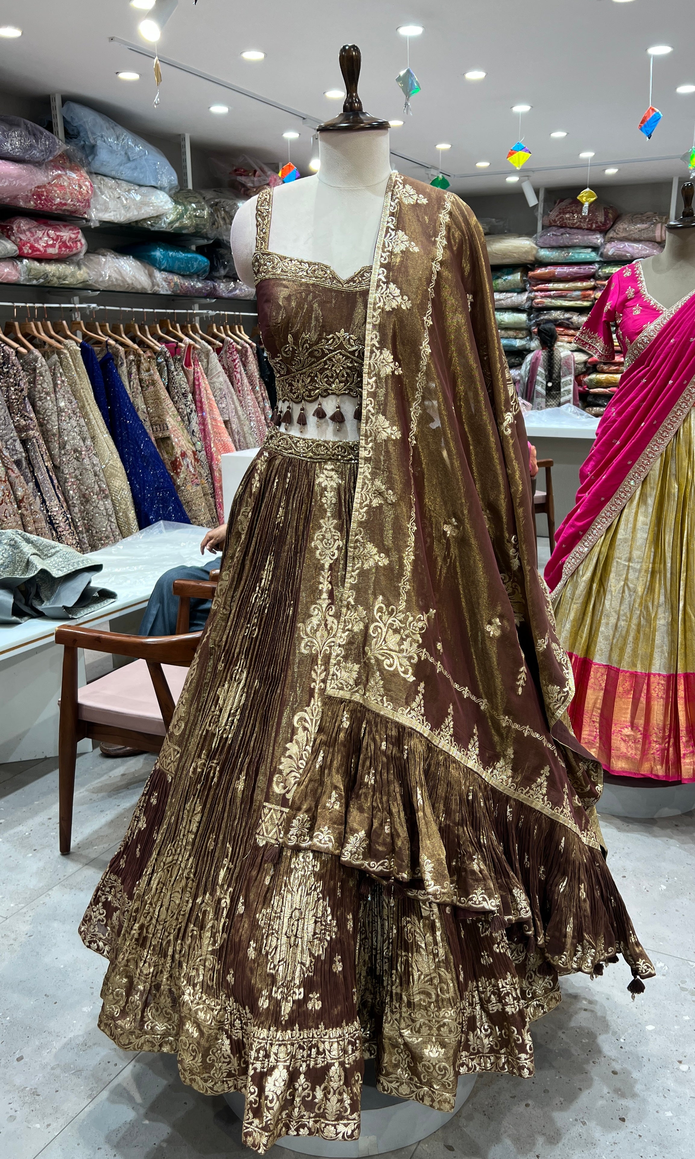 brown lehenga with gold embroidery