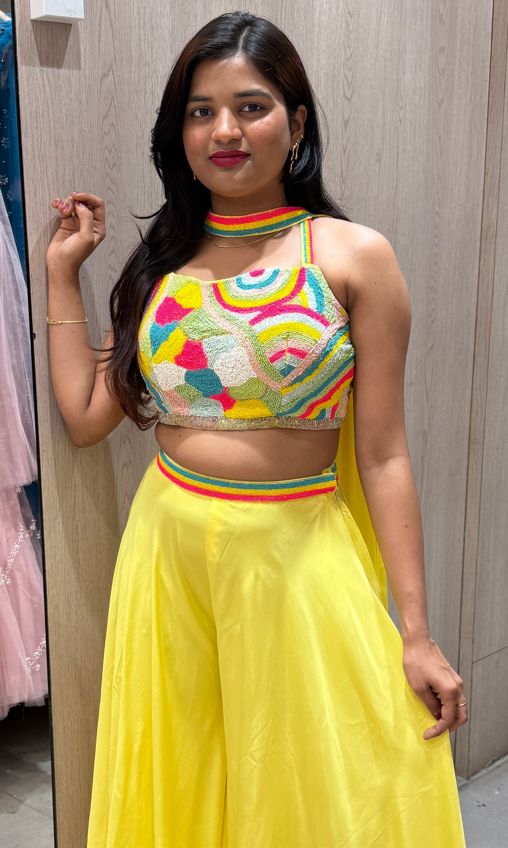 Yellow palazzo and croptop with neck dupatta