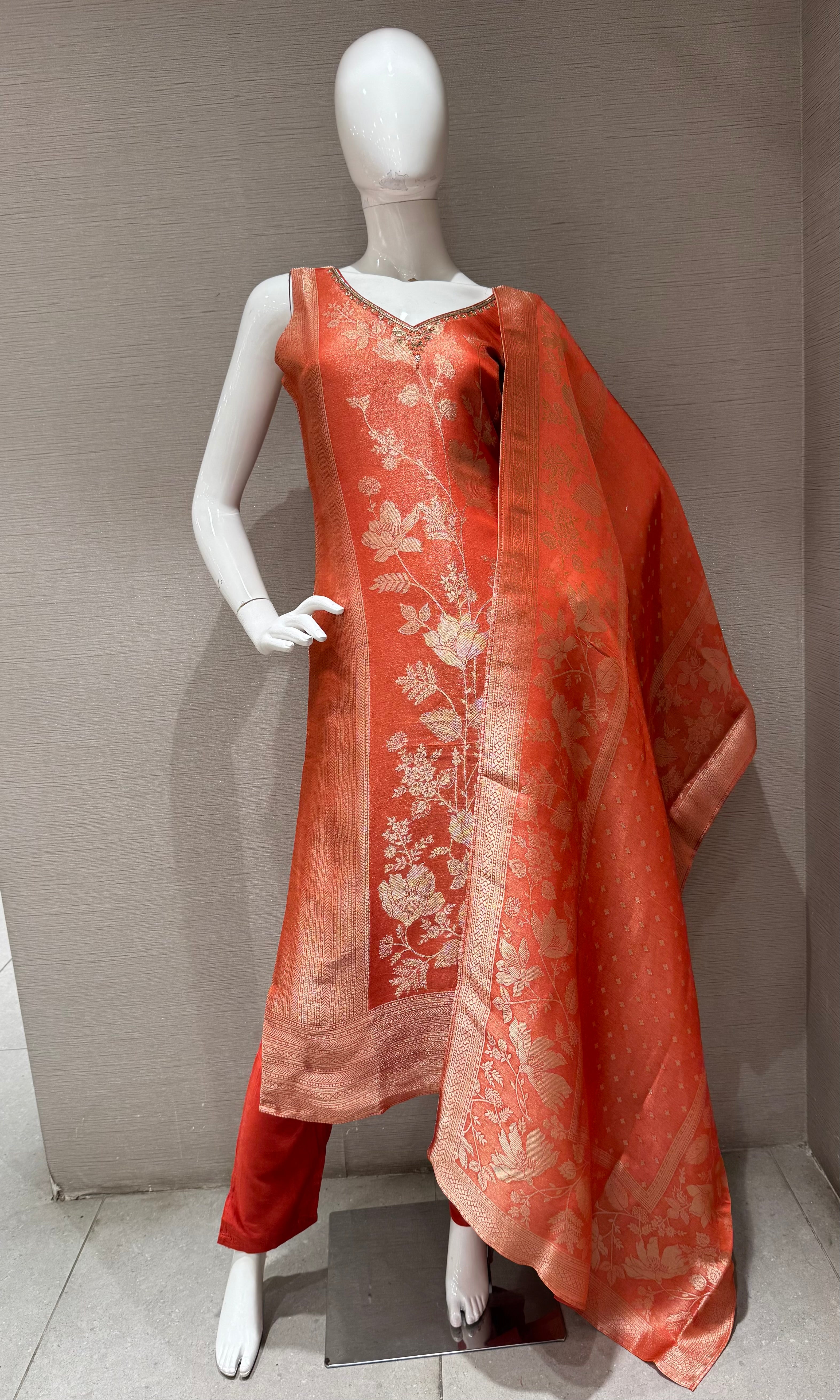 Orange golden floral Brocade Kurta Set