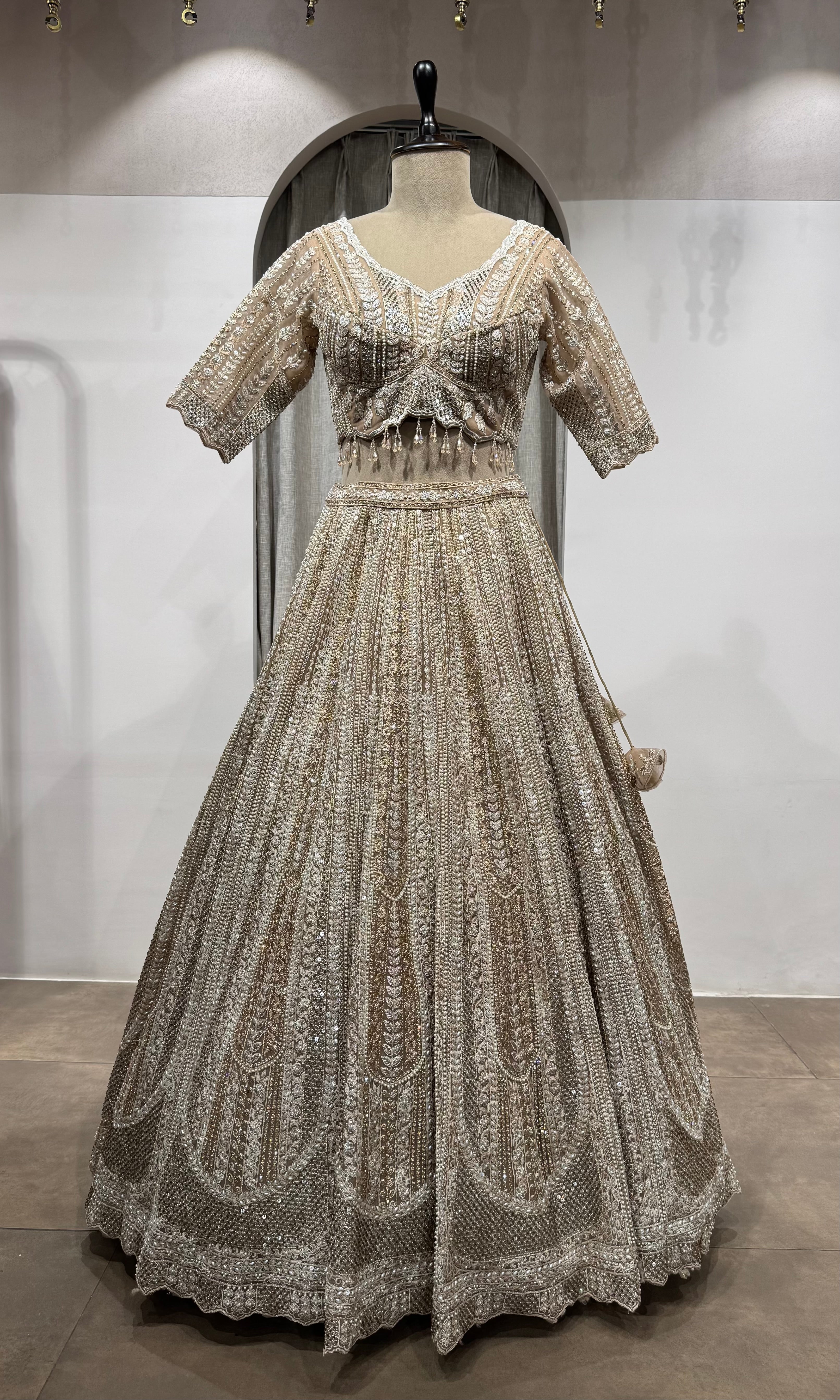 Biege Gold Heavy Embroidered Designer Lehenga Set