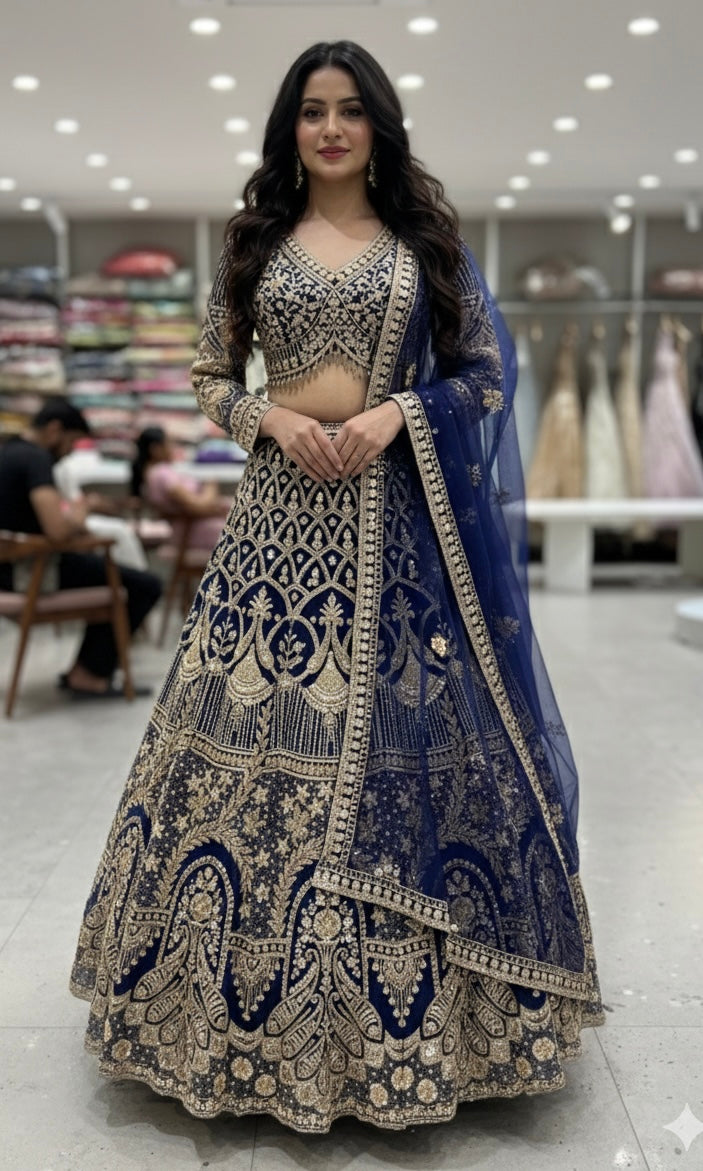 Navy blue GOLDEN EMBROIDERY lehanga