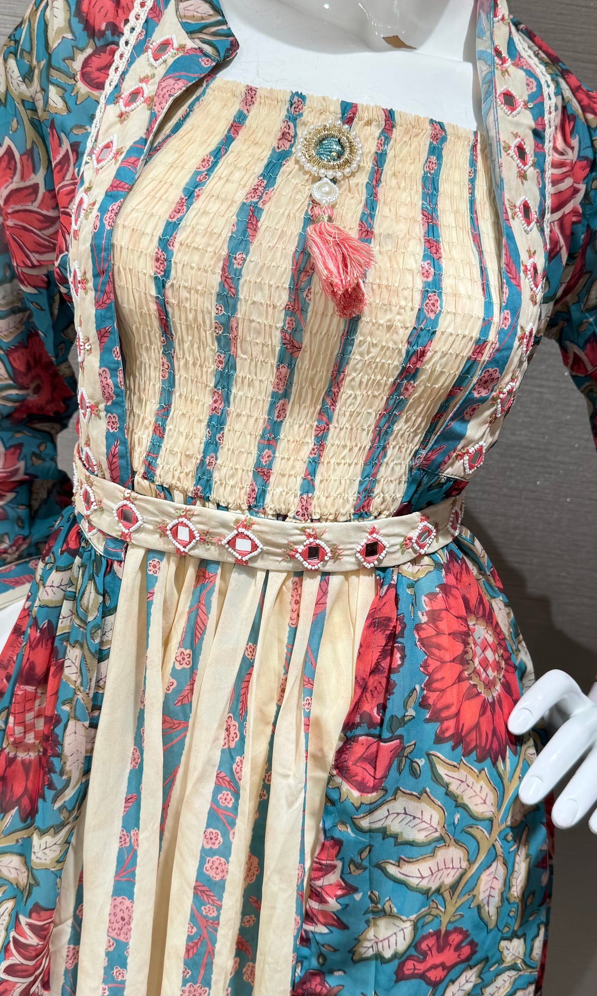 Teal Blue & Red Floral Dress with Striped Front Panel