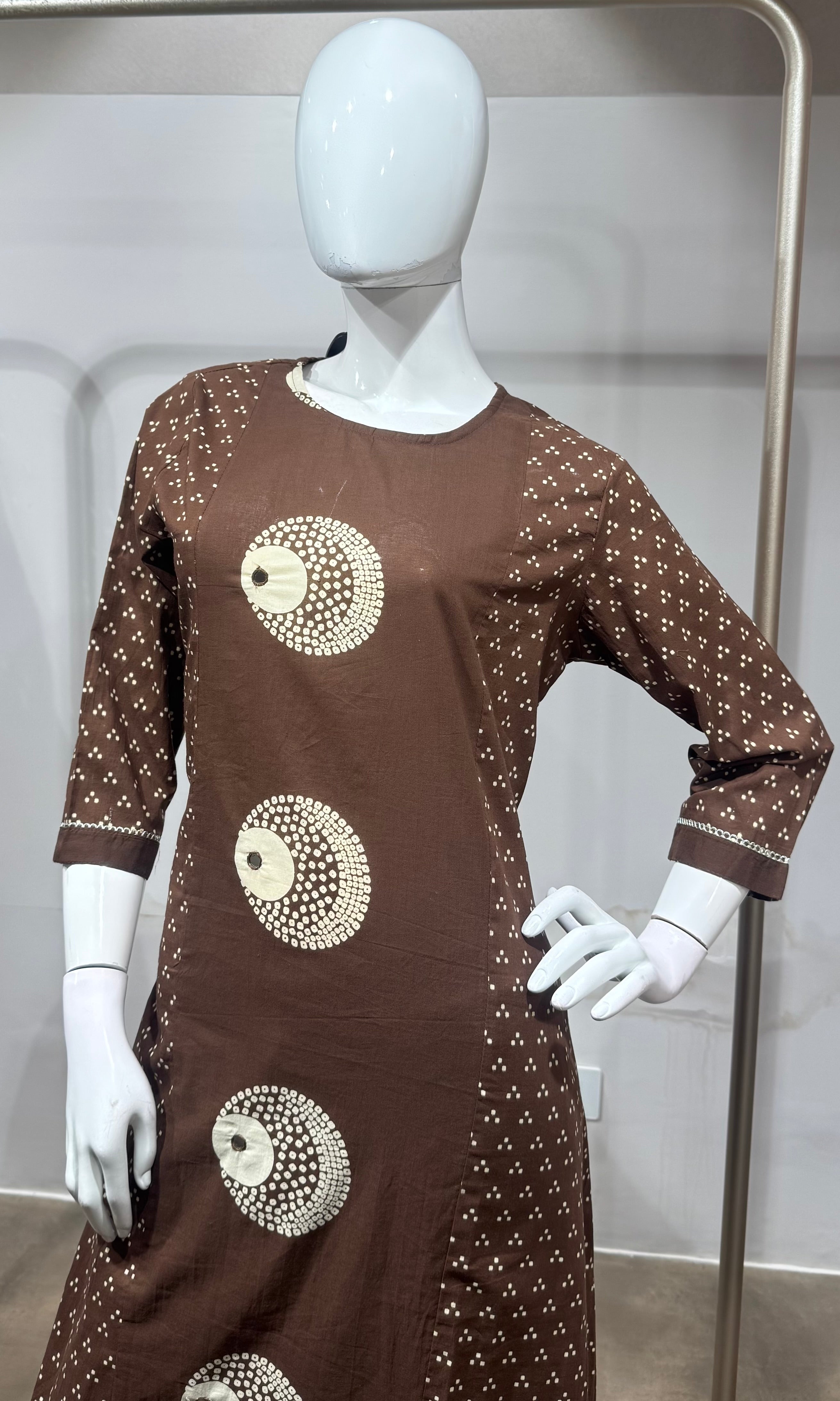 Brown Cotton Bandhani Straight KURTA SET