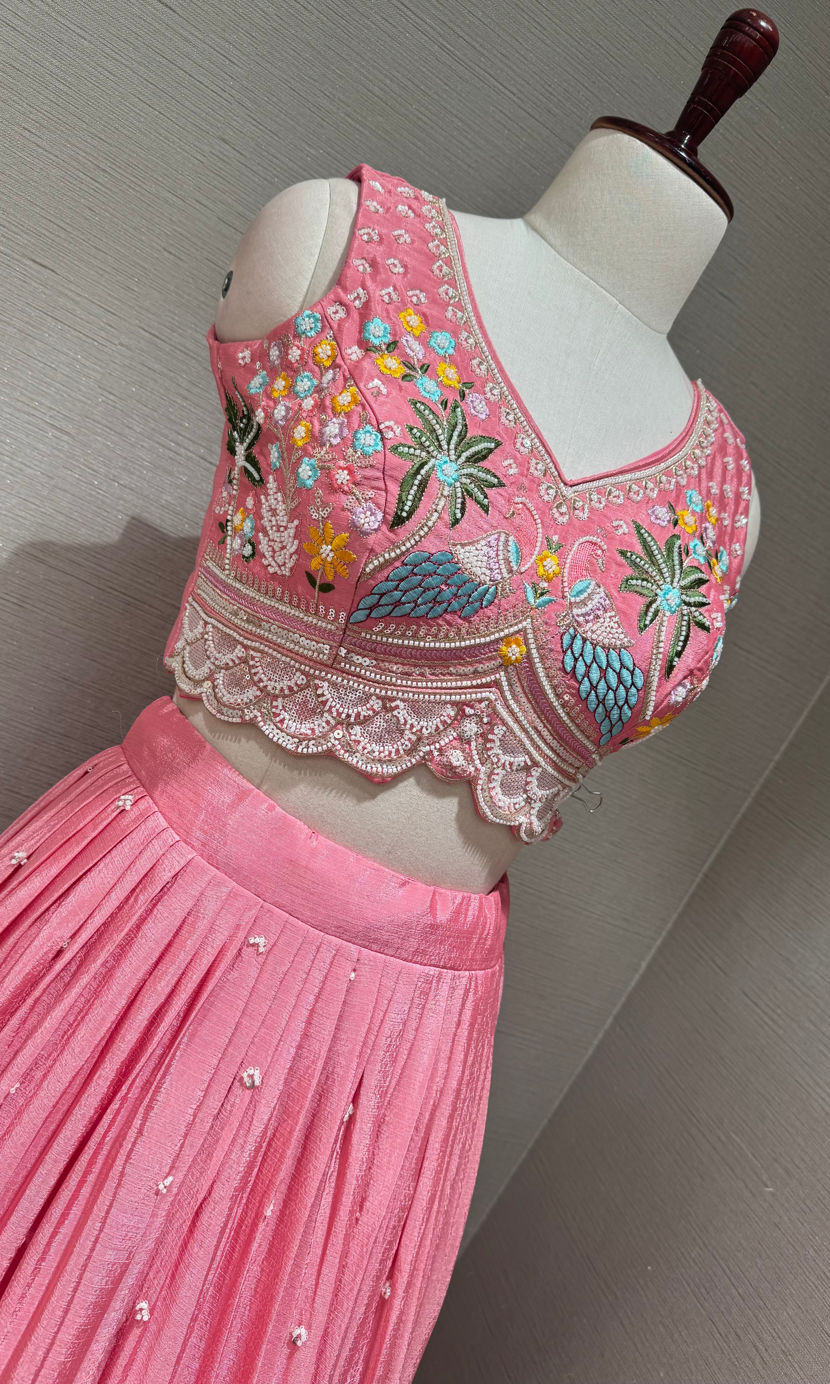 Light Pink Tissue silk Lehenga with Peacock & Floral Embroidery