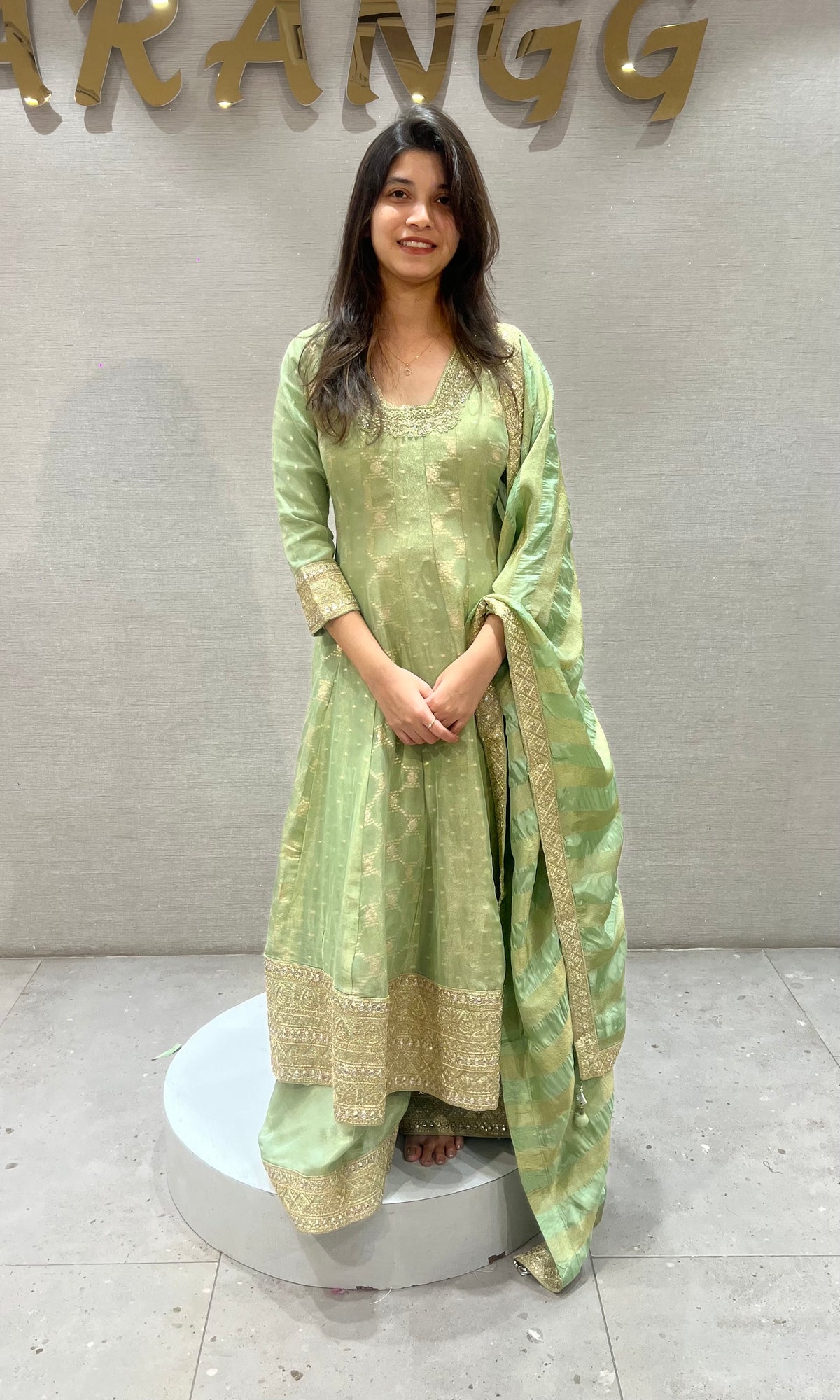 Pista Green silk Anarkali Set Golden Embroidery with Dupatta