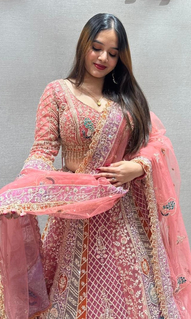 blush pink multicolored embroidered lehenga