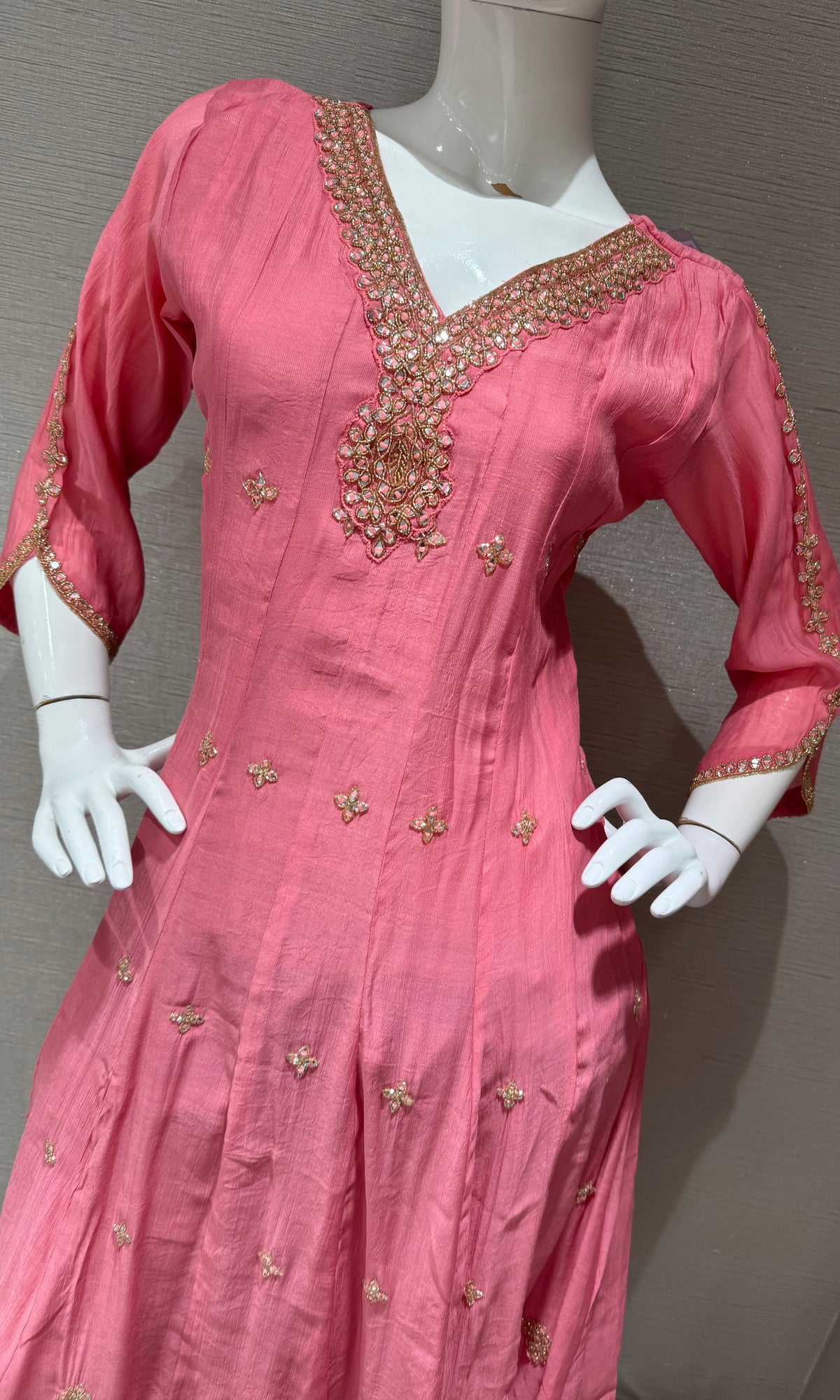 Rose Pink Silk golden Anarkali set with dupatta