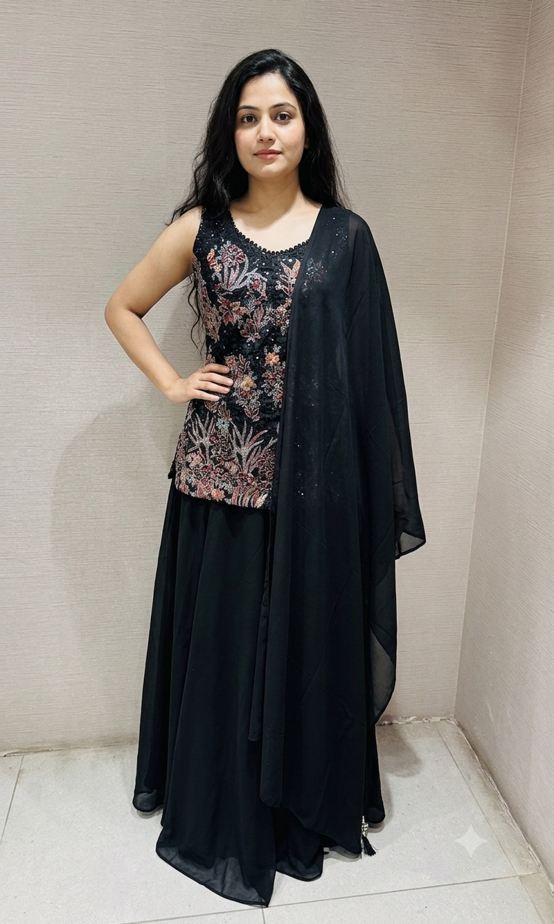 Black embroidered floral sharara set