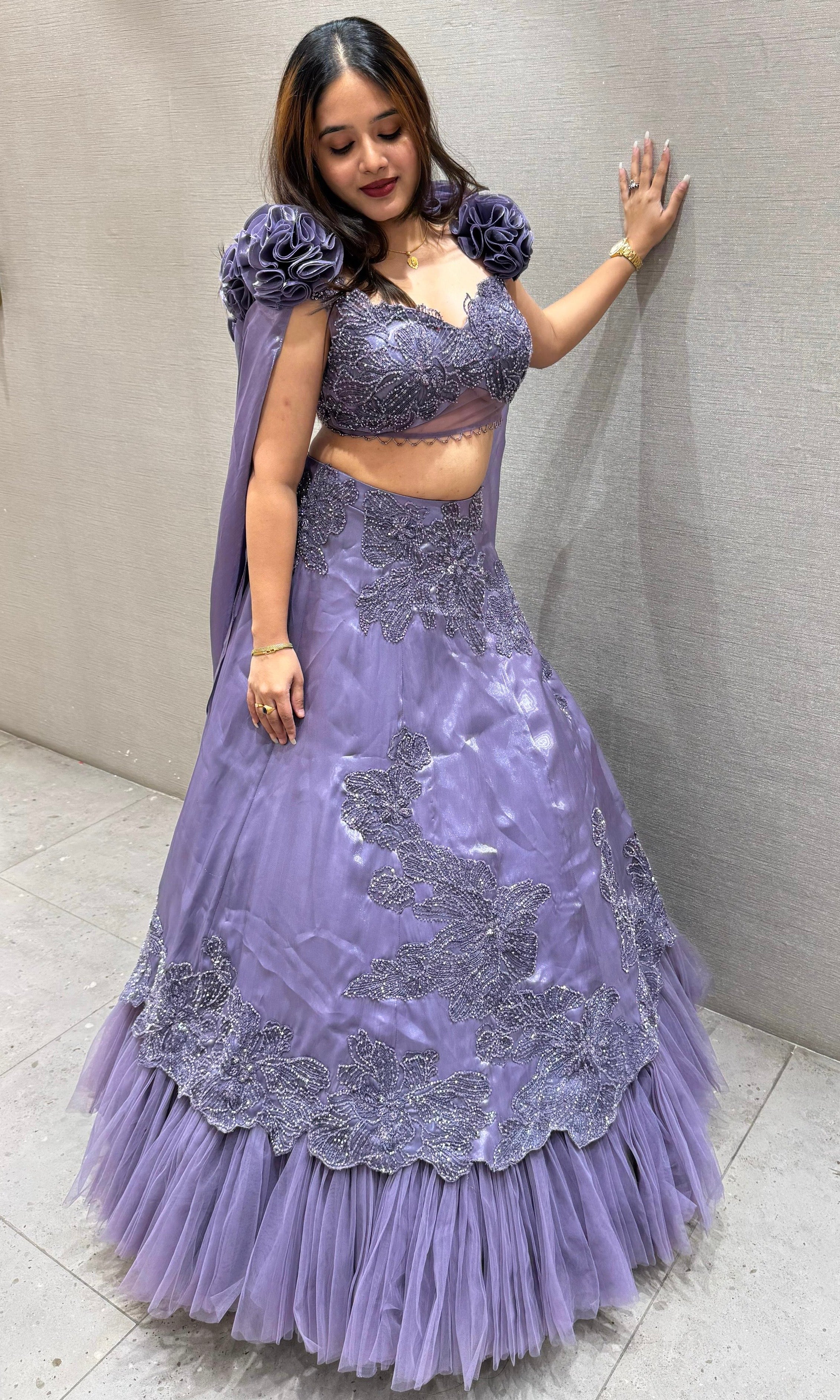 PURPLE EMBELLISHED RUFFLE LEHENGA