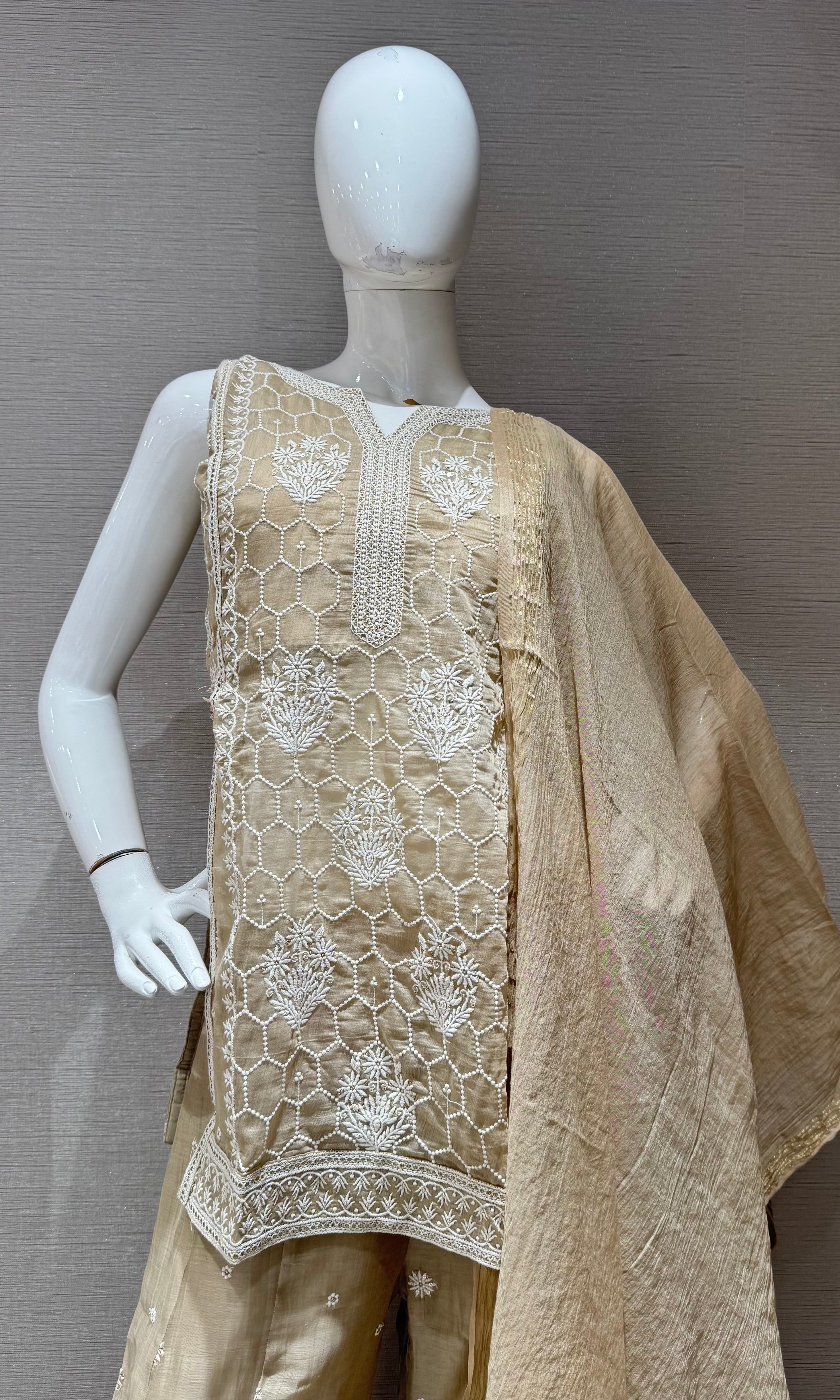 Beige Floral Embroidered palazzo set
