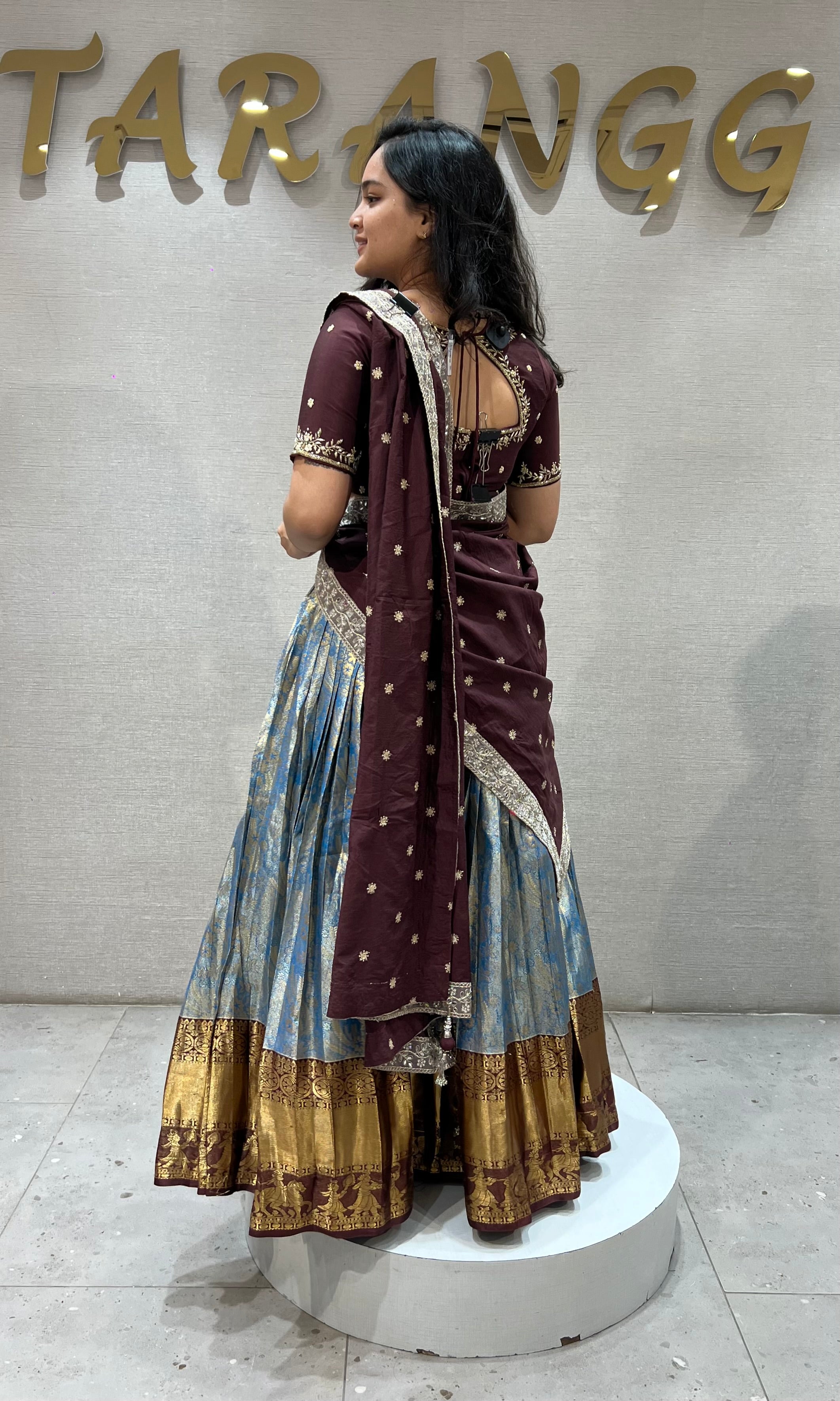 Brown BLUE BANARASI PATTU LEHENGA WITH EMBROIDERED BLOUSE