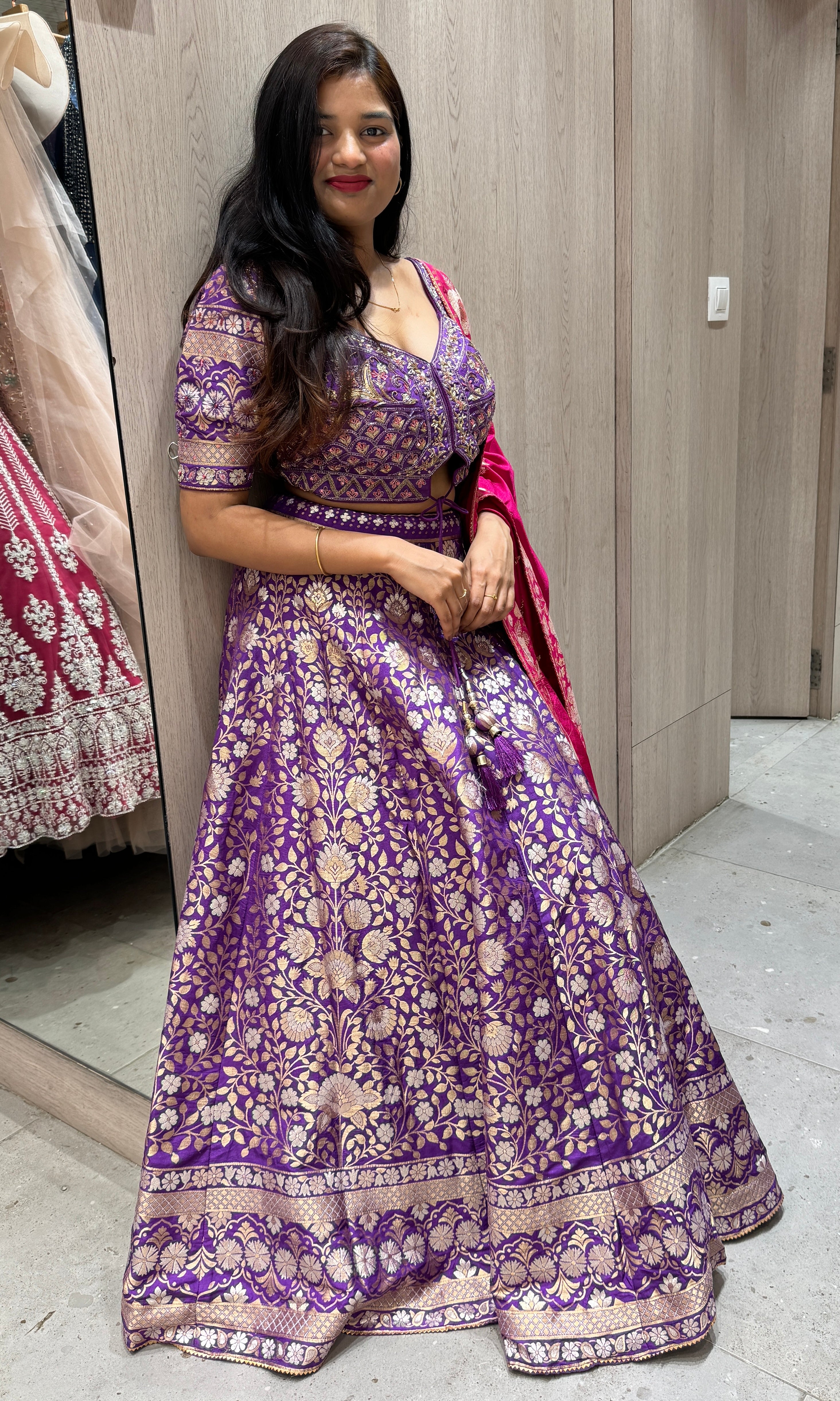 Purple Lehenga with pink Banarasi dupatta