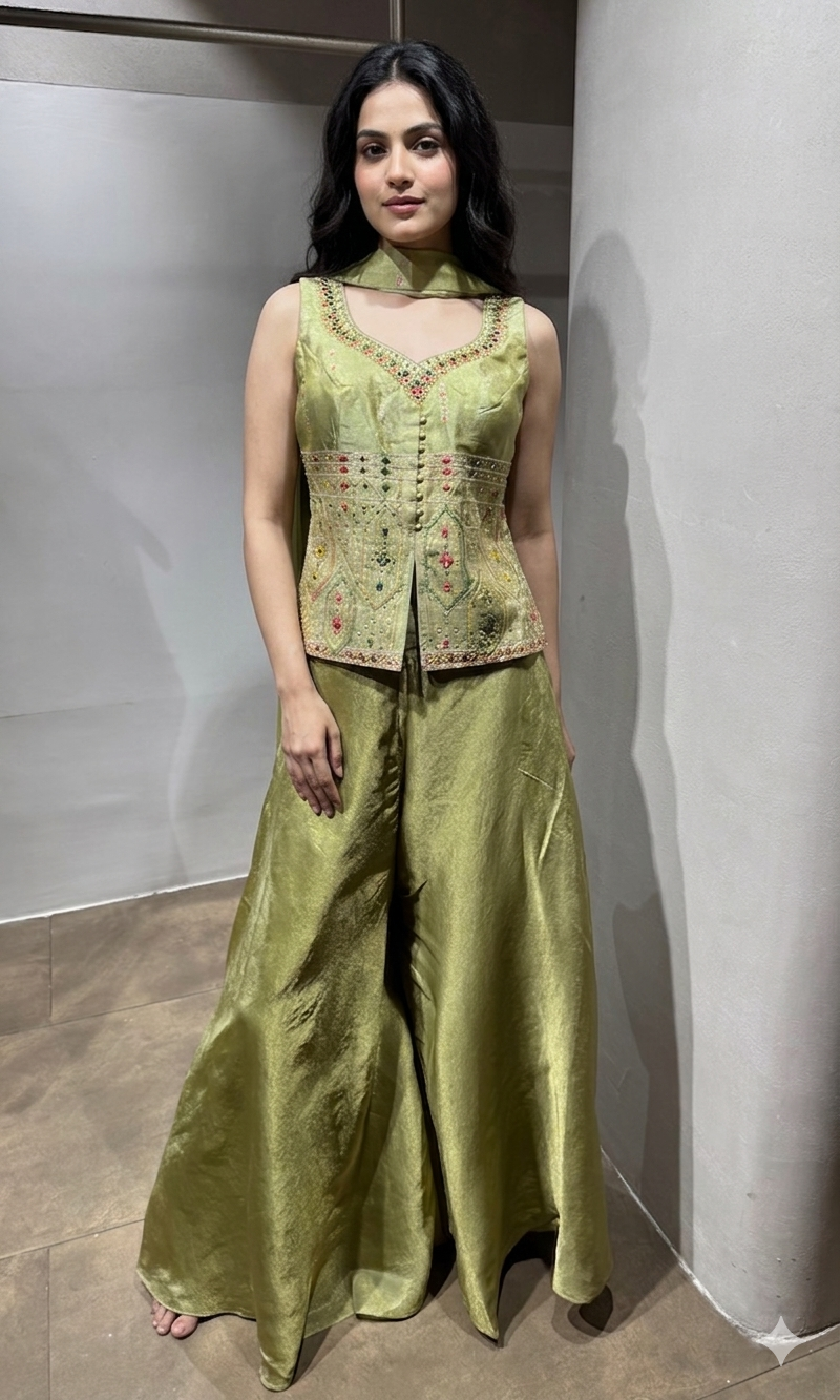 pista green embroidered palazzo set