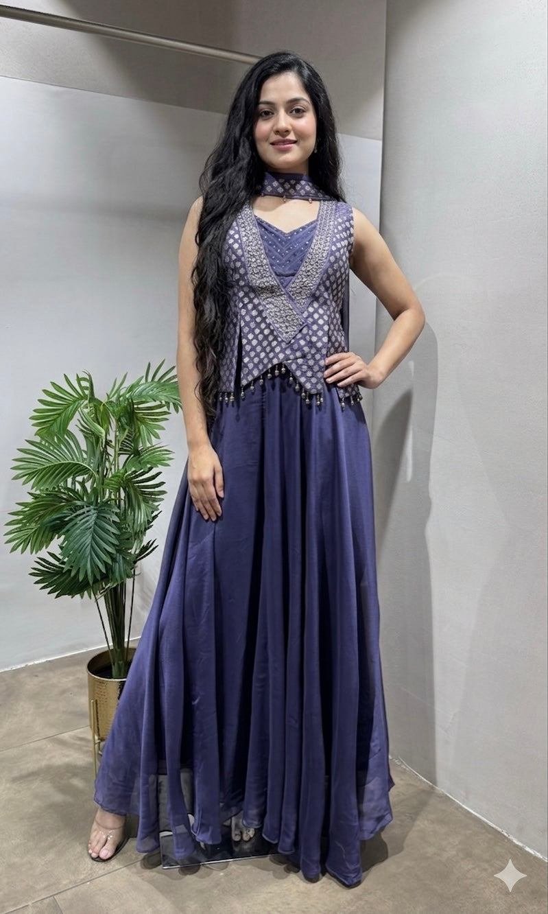 Purple Embellished Peplum Palazzo Set