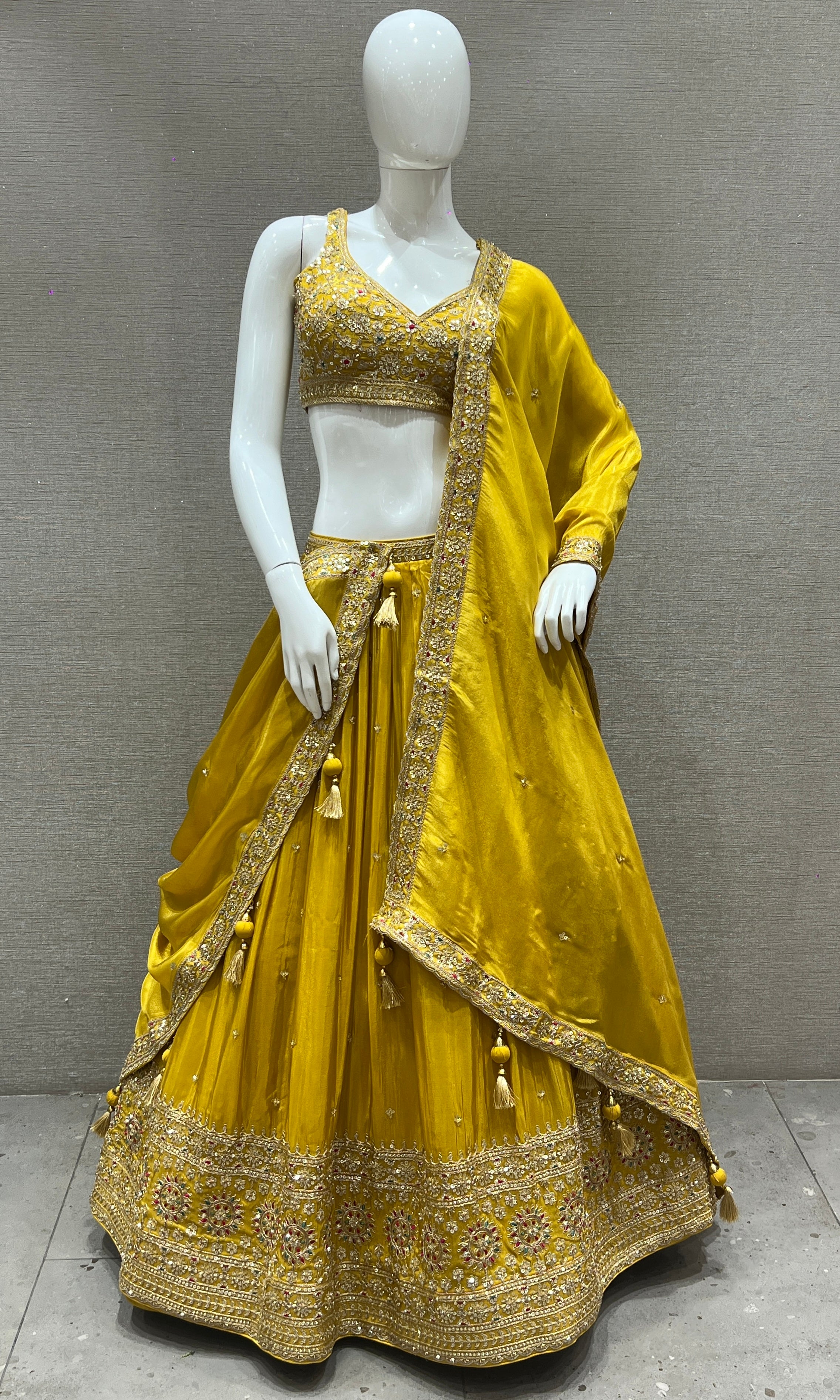 Sunehri- Mustard Yellow Lehenga with Gold and Floral Embroidery Work