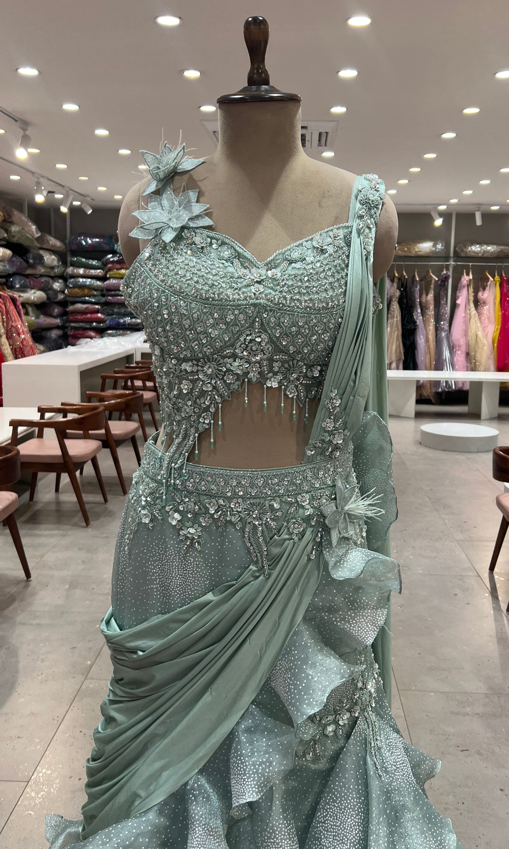 Pista green RUFFLES Lehenga WITH FLORAL BLOUSE