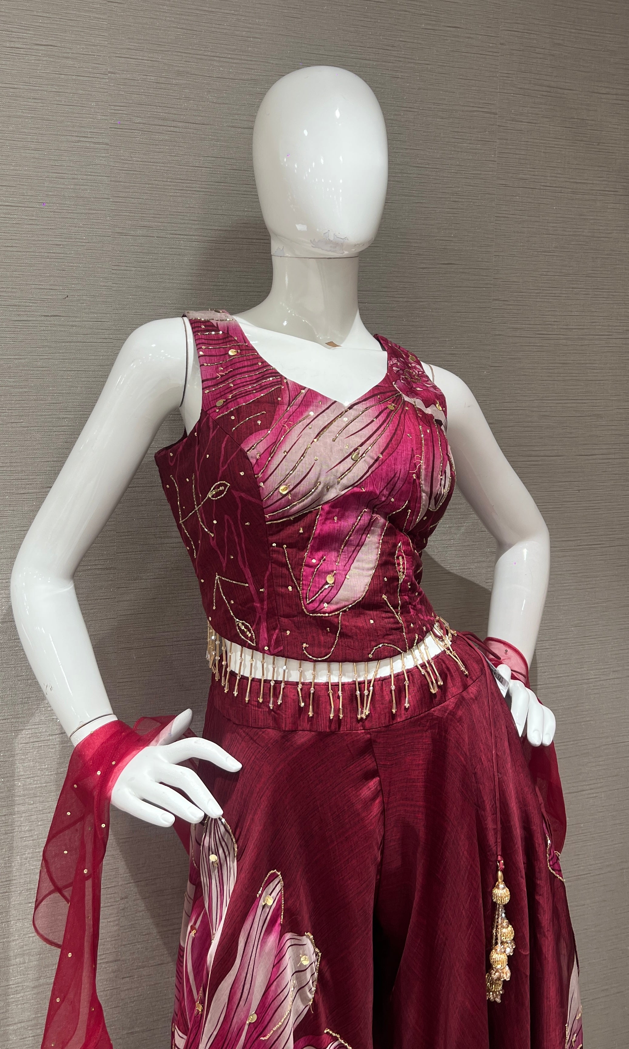 Wine Red Floral Organza Palazzo Ensemble