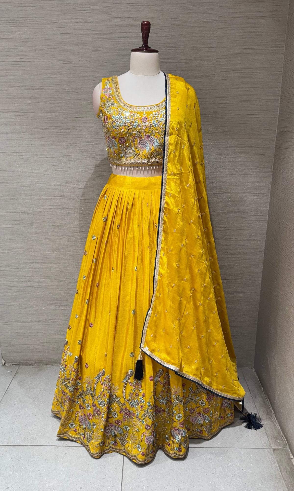 Yellow Tissue Silk Lehenga set with Floral Border