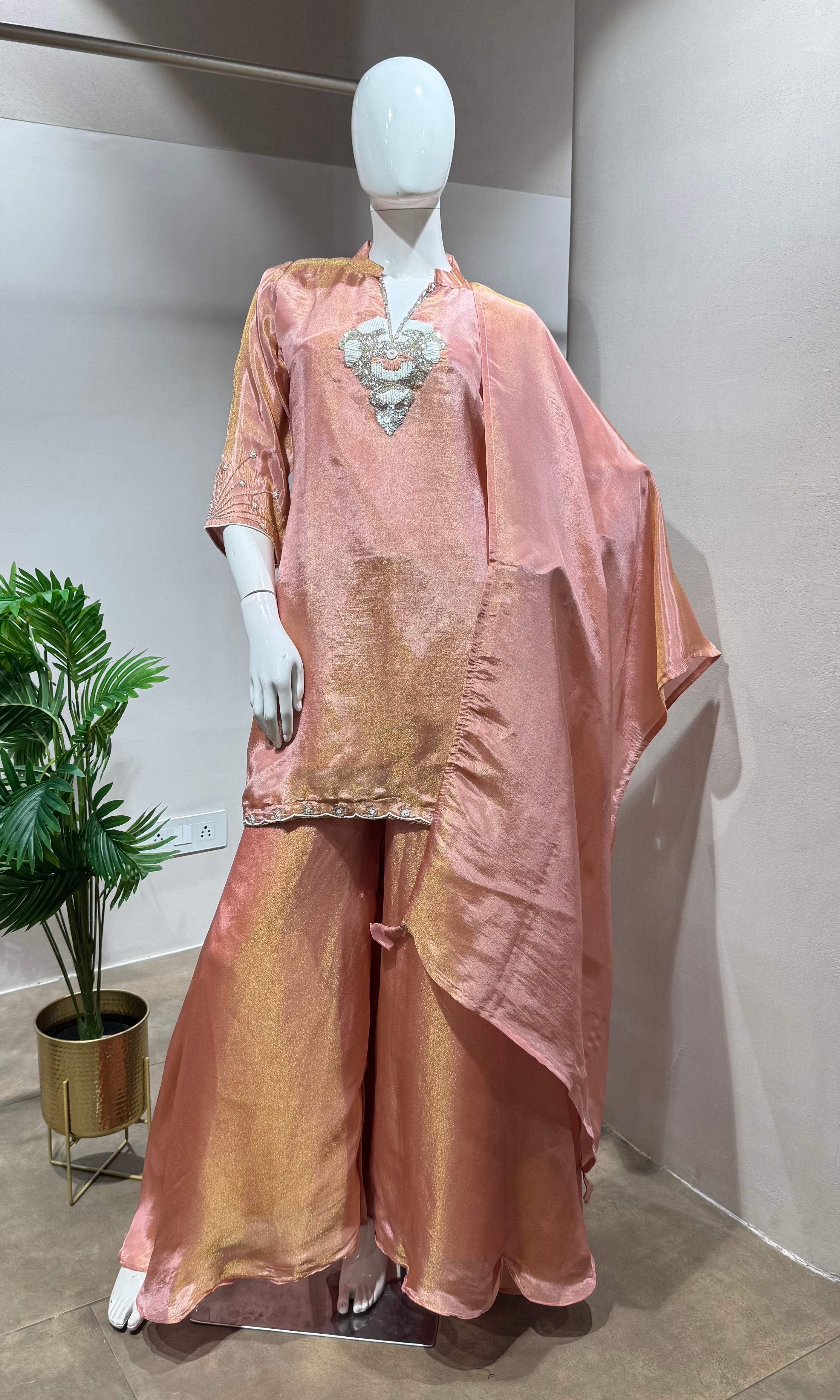 PEACH EMBROIDERED KURTA WITH PALAZZO PANTS